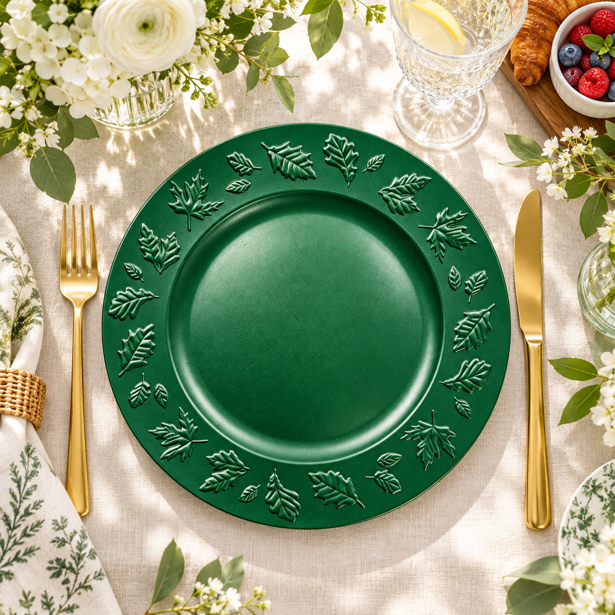 woju 13inch matte dark green pp plastic charger plates round decorative underplates with rimsurrounding embossed maple  oak leaves for wedding banquet hotel table setting-2