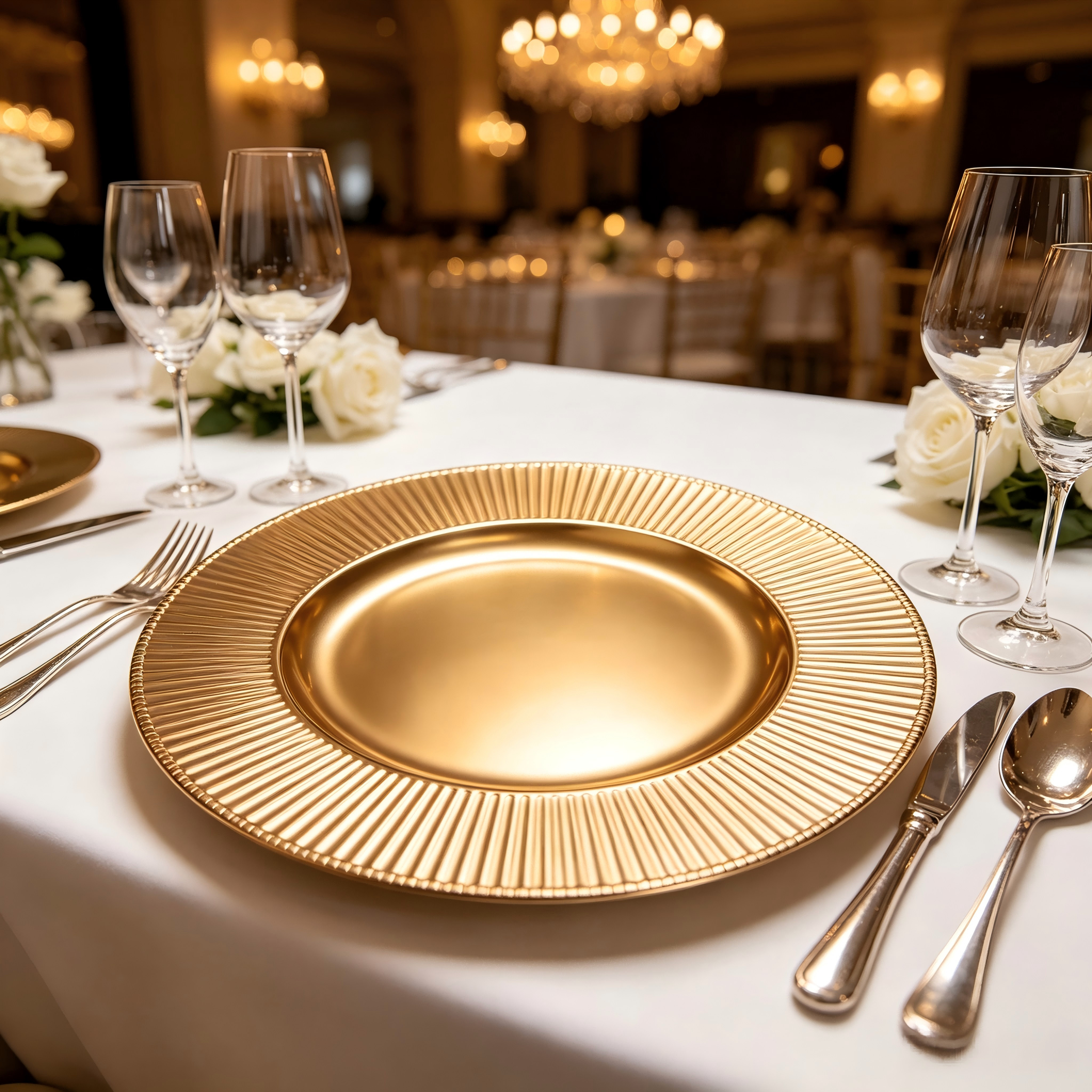 woju metallic green charger plates 13 in powdercoated plastic decorative plates with fluted vertical ribbed rim for catering banquet wedding holiday event rental-2