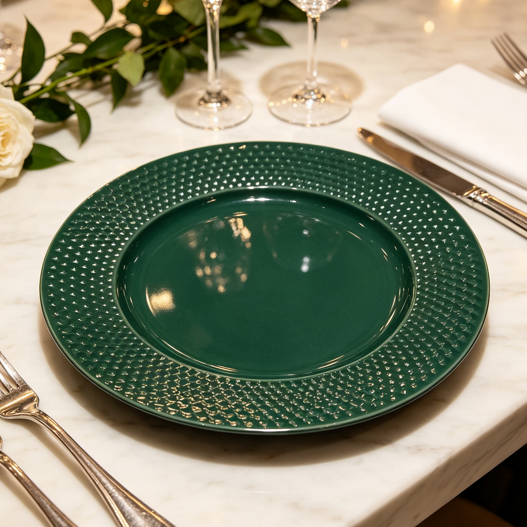 woju 13inch cream white pp plastic charger plates glossy round decorative underplates with mixed geometric embossed rim for wedding banquet hotel table setting-4