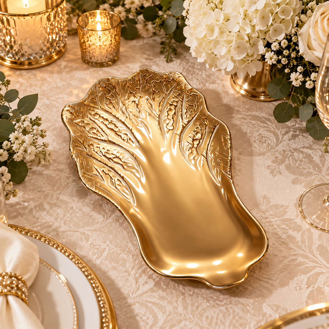 wojia luxury white gold electroplated cabbage shape decorative plate modern charger tray wedding banquet hotel event decor-4