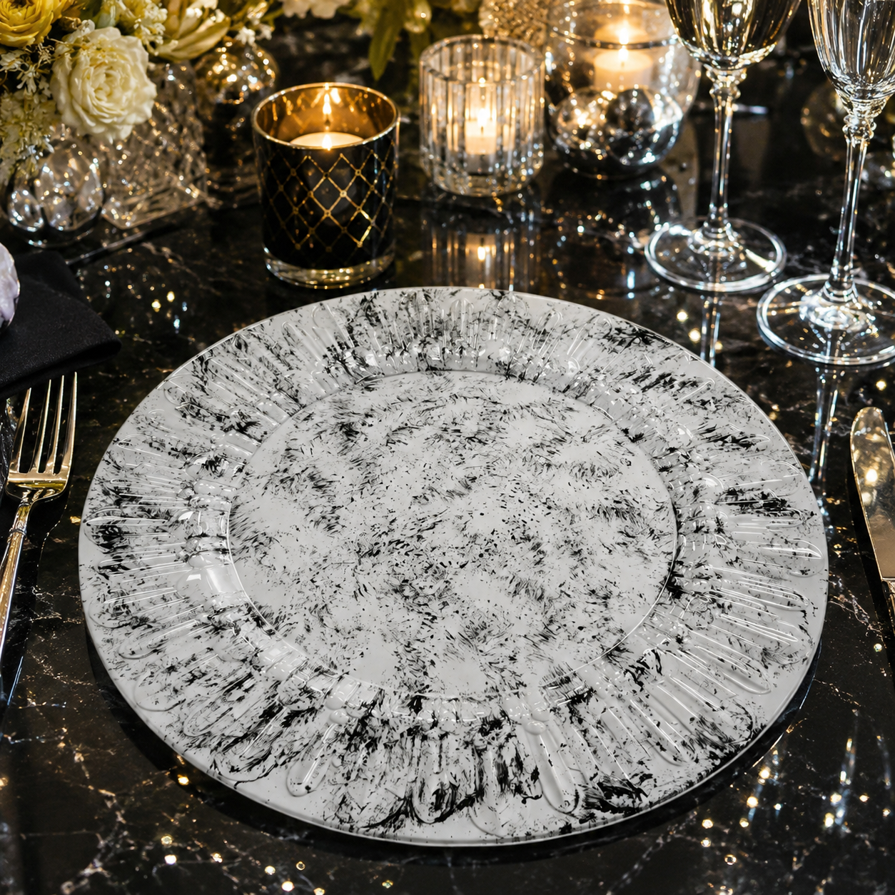 wojia 13 inch plastic ps glossy pigmented eco friendly durable reusable american style fujian party dinnerware charger plates259-3