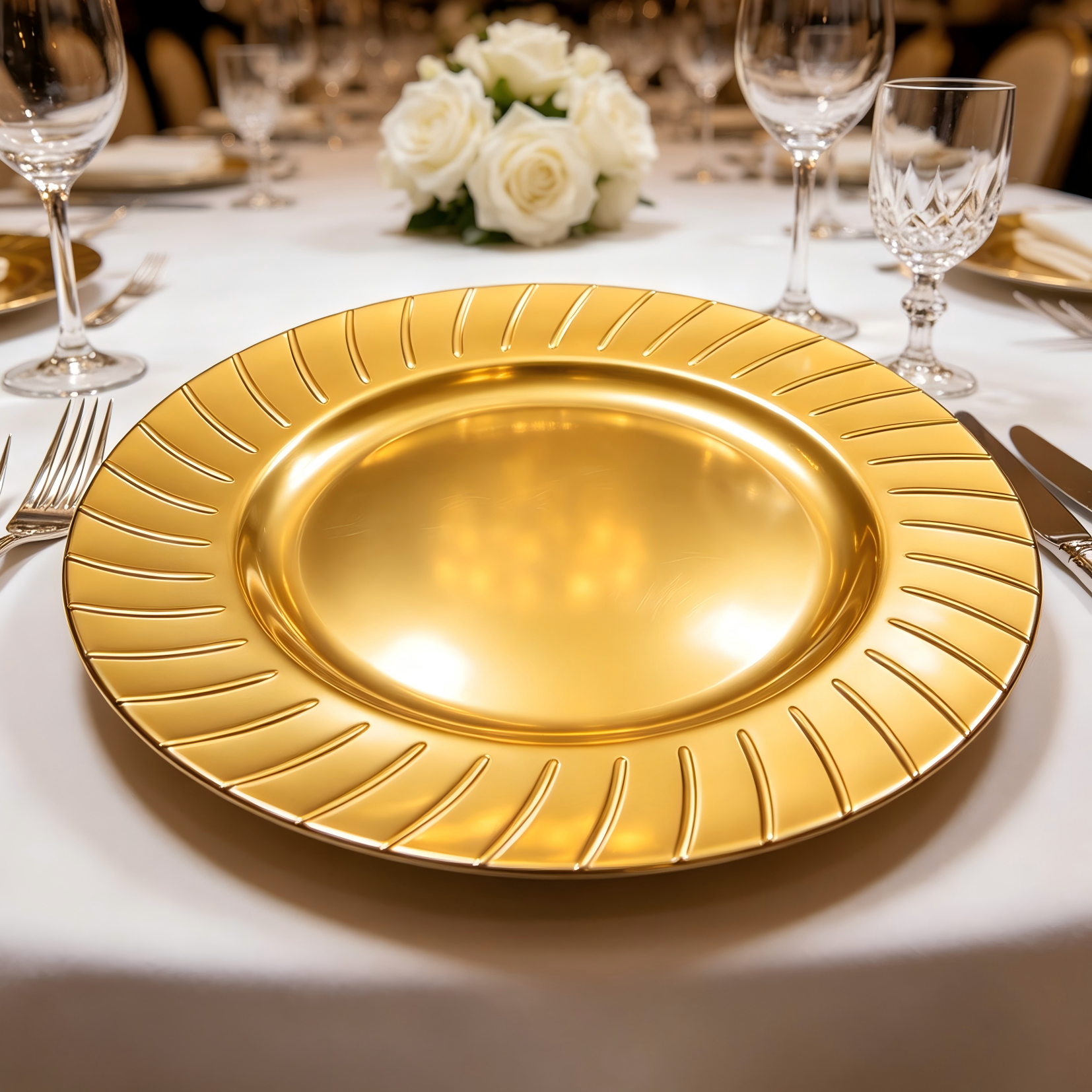 woju 13 inch red plastic charger plates powdercoated glossy charger plates with radial ribbed rim for holiday wedding banquet  hotel table setting-2