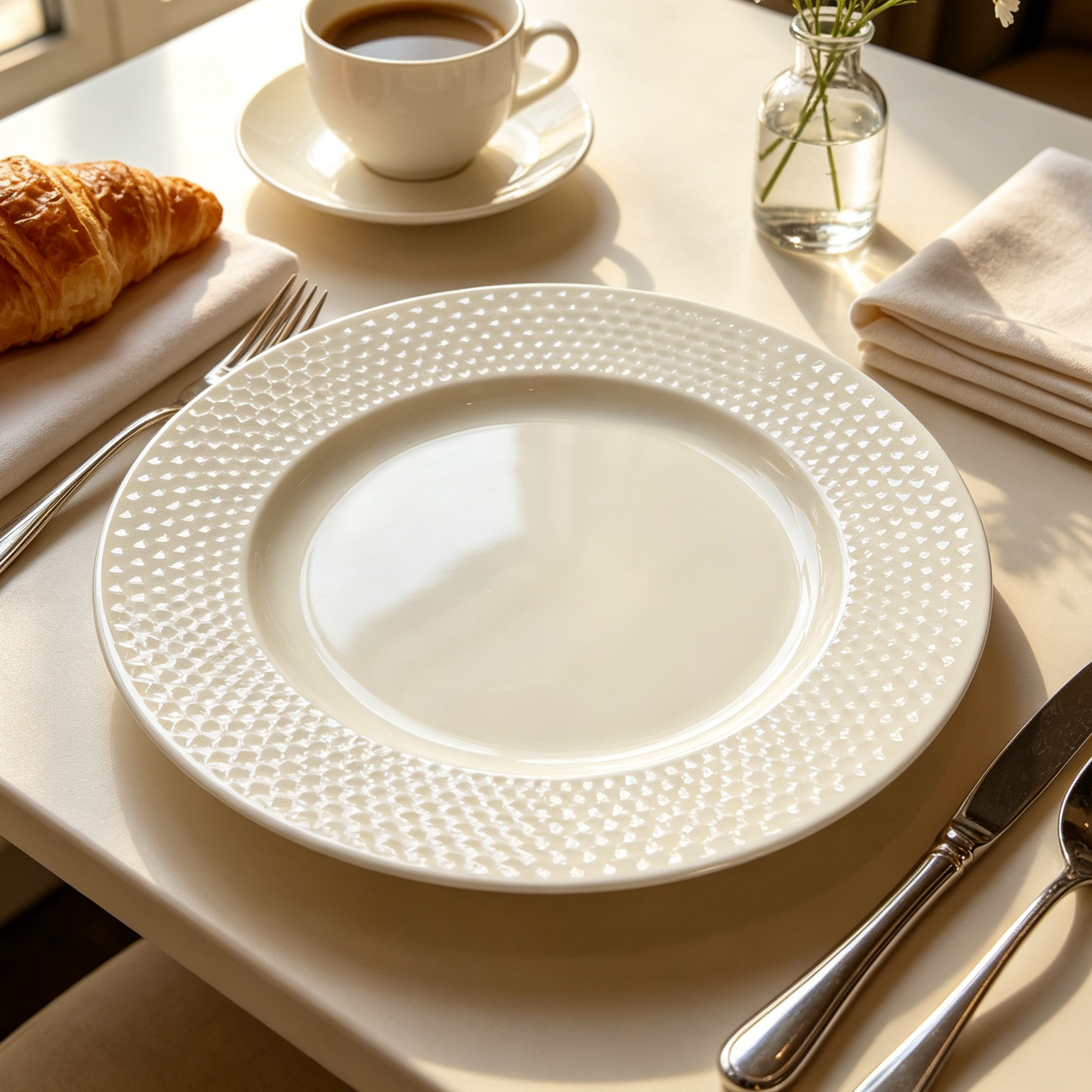 woju 13inch cream white pp plastic charger plates glossy round decorative underplates with mixed geometric embossed rim for wedding banquet hotel table setting-3
