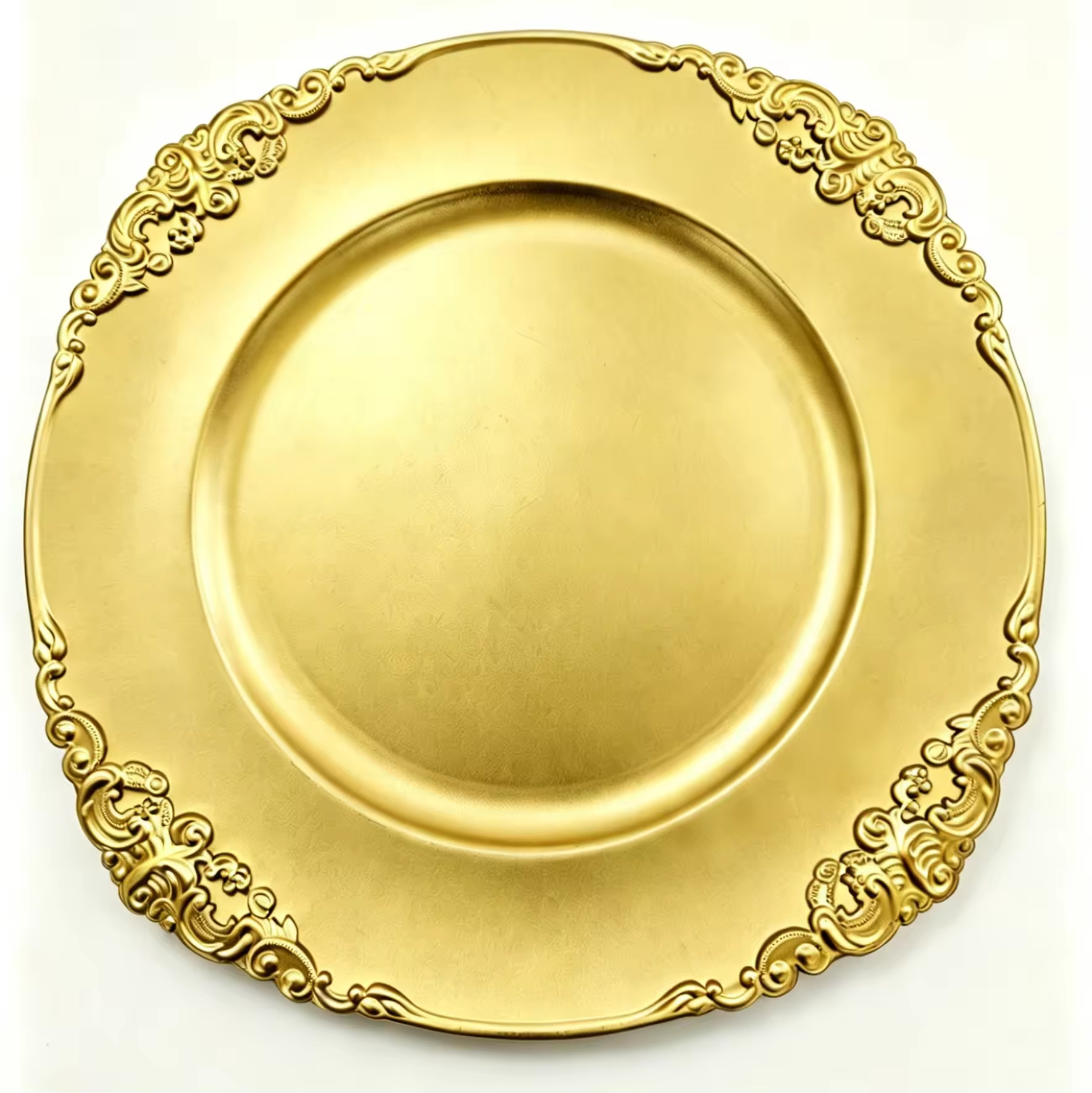 Ornate Baroque Gold Charger Plates with Embossed Scroll Rim for Luxury Wedding Banquet Table Setting