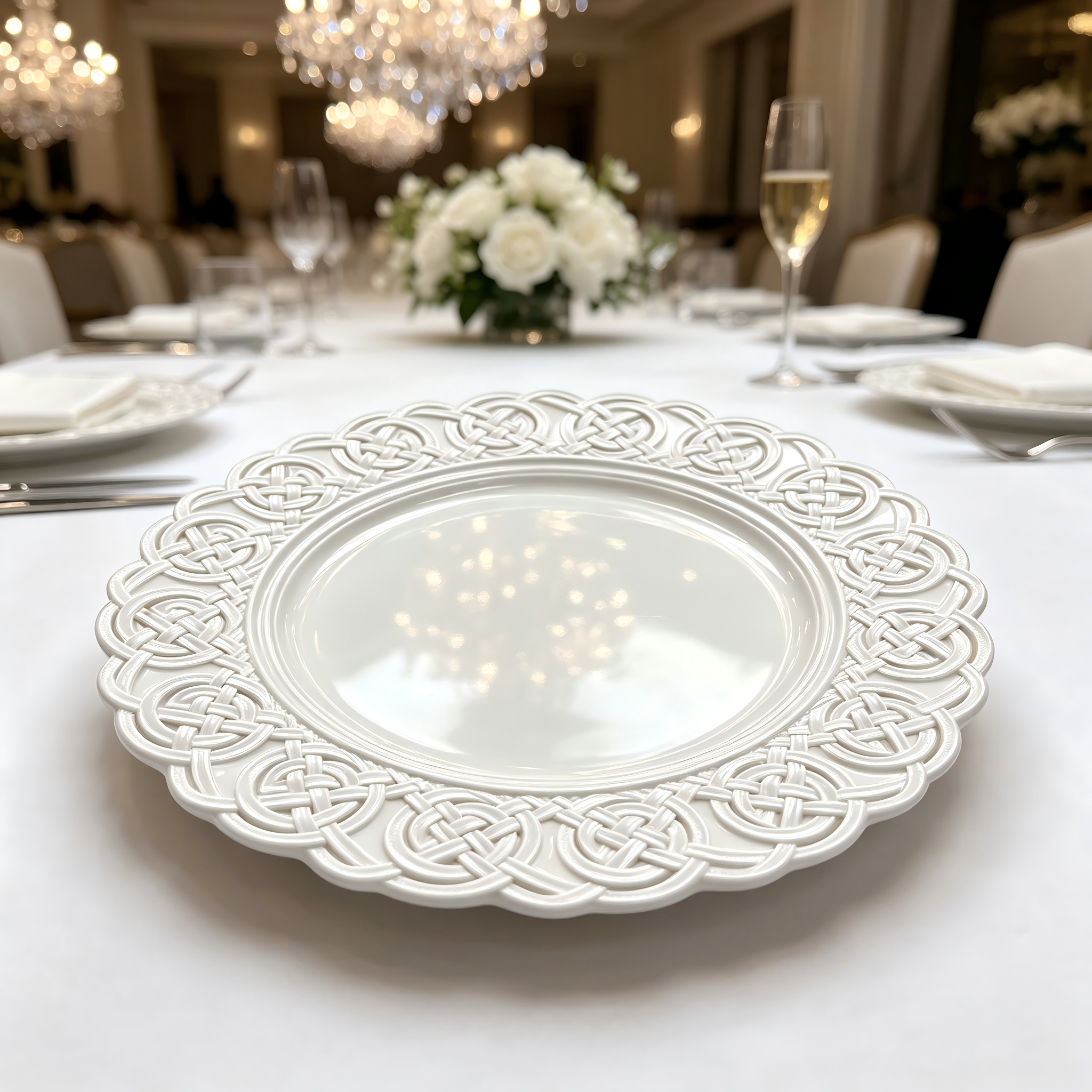 luxury plastic charger plate 13in powder coated woven knot embossed scalloped rim elegant pink design for wedding party-3
