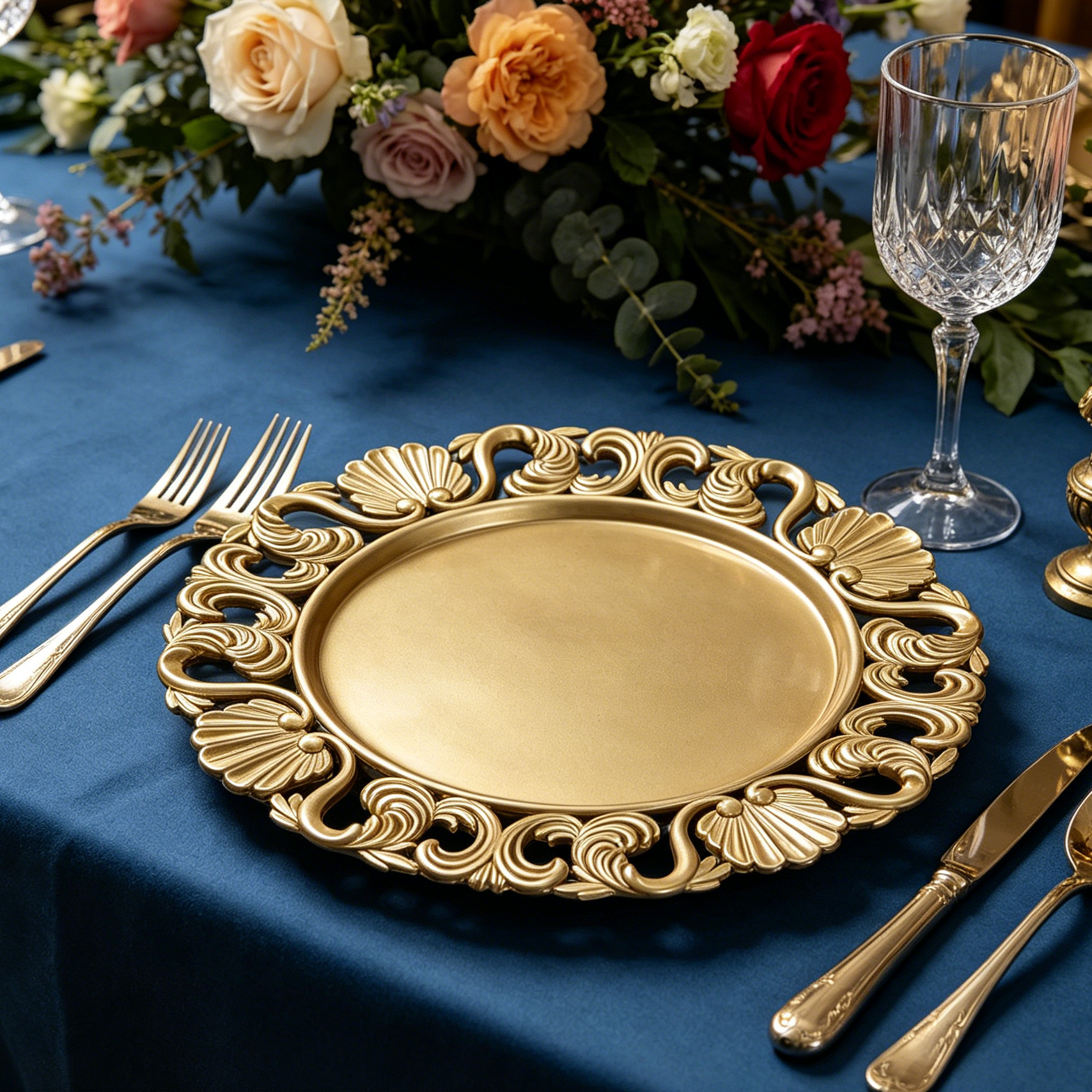 custom gold openwork rim charger plates for luxury wedding planner and high end party supplies593-4