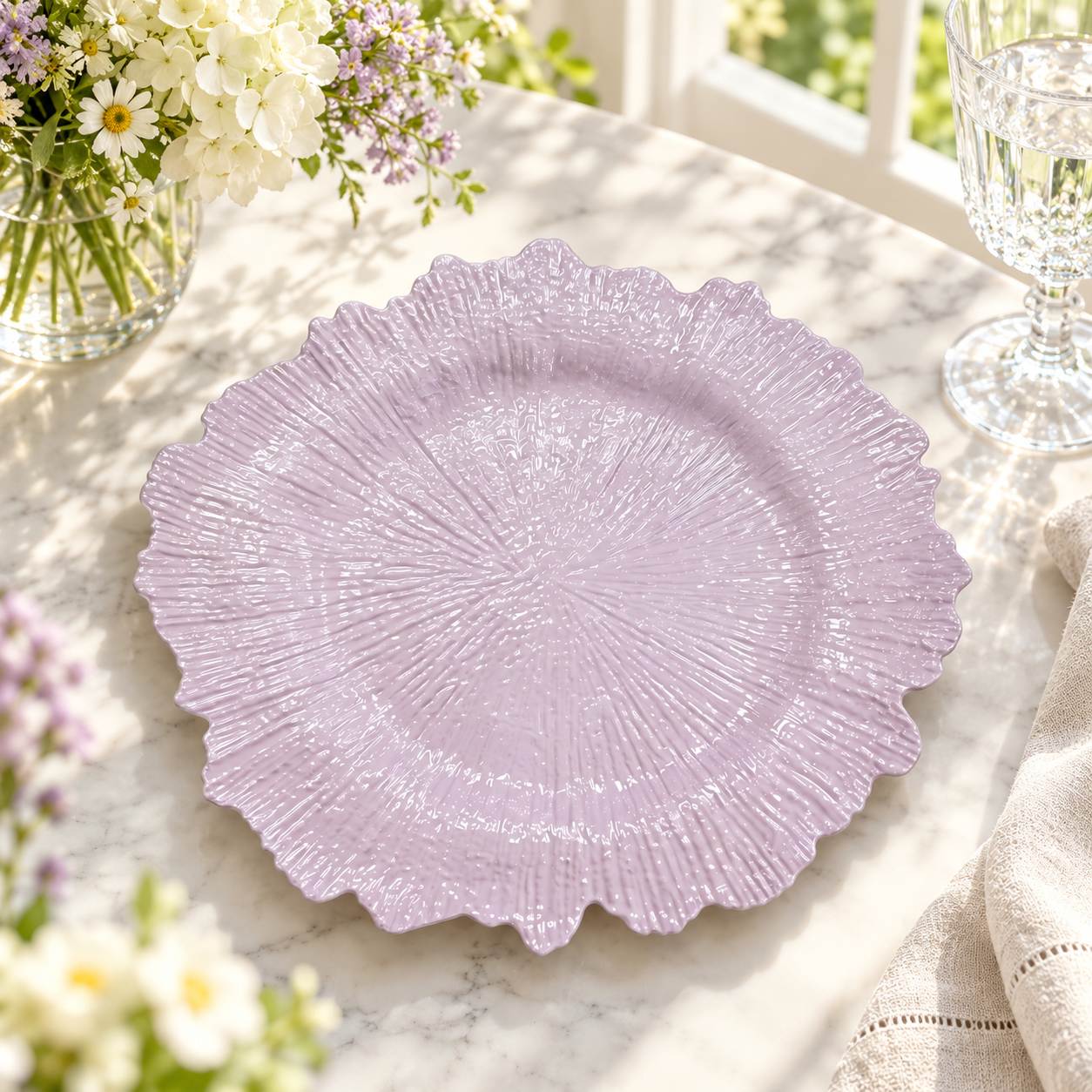 woju 13 inch light blue plastic charger plates powdercoated coralstyle radiant ripple textured decorative plates with irregular wavy edge for wedding banquet hotel table setting-3