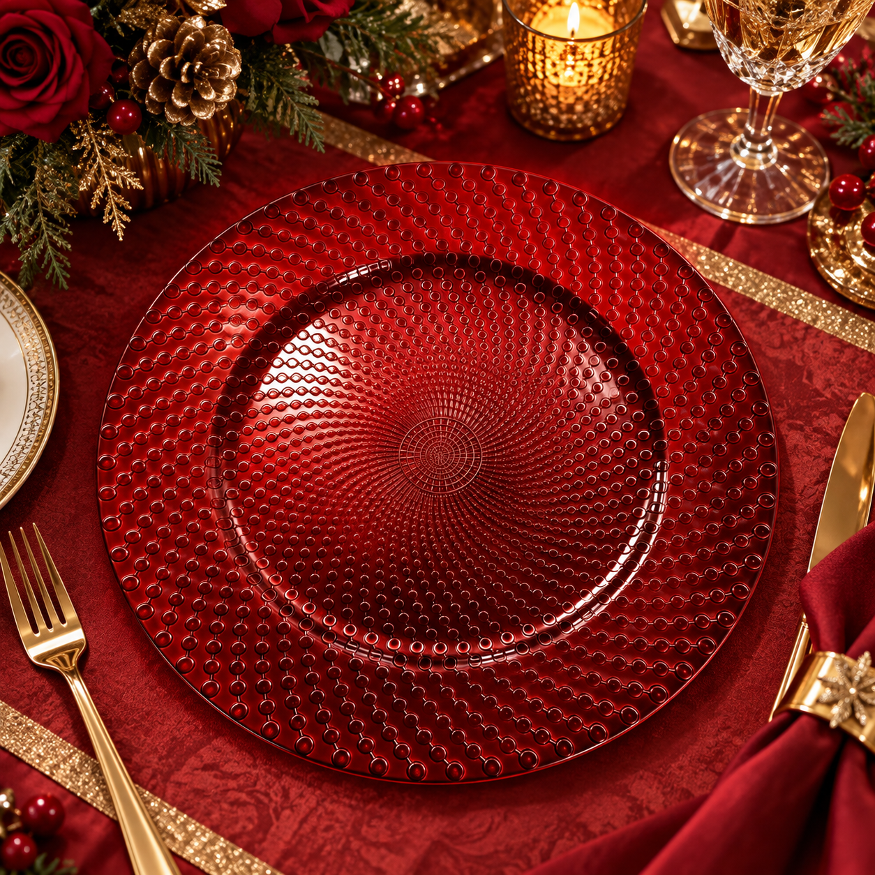 modern 13in plastic charger plate powder coated radiating bead texture luxury green design for party banquet event-4