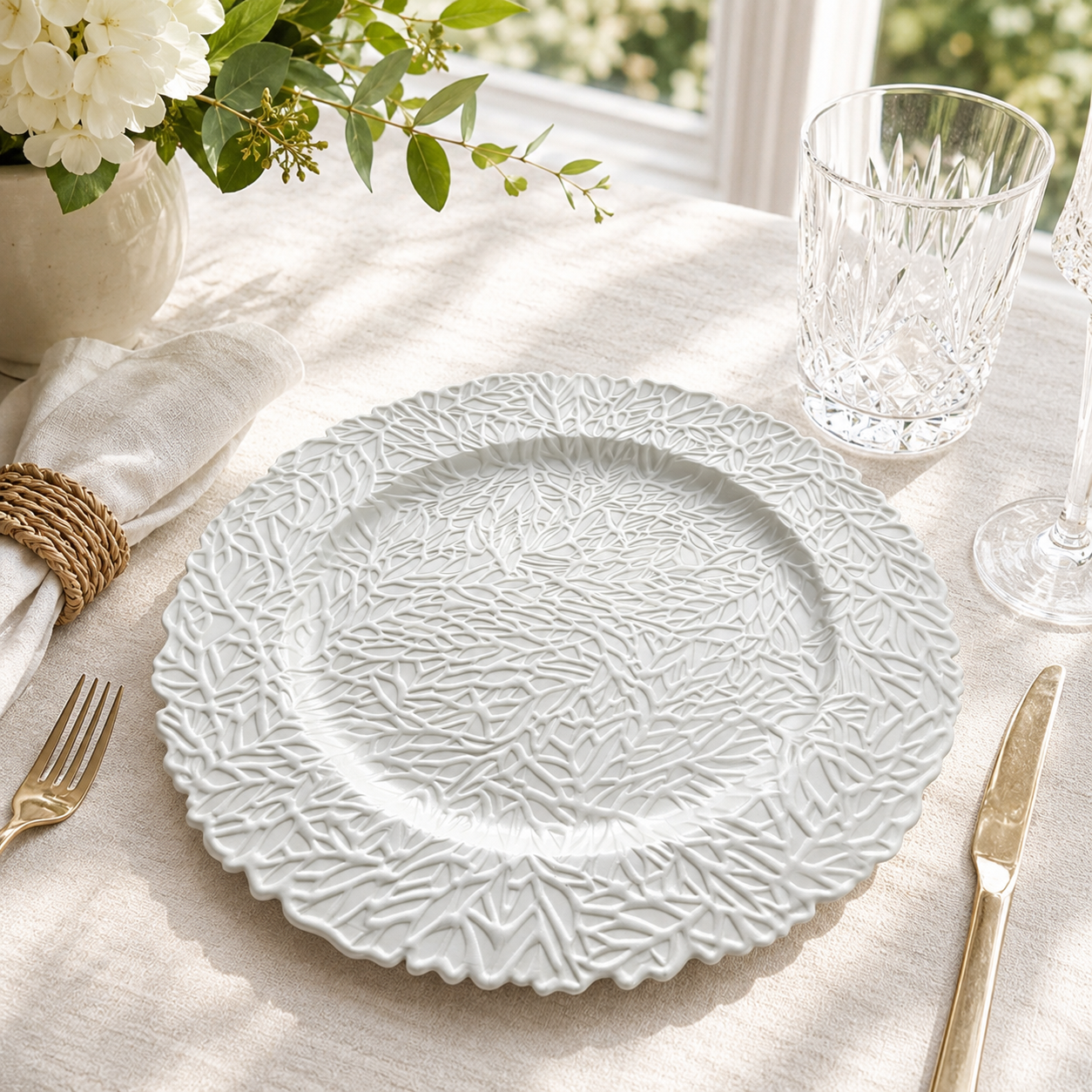 woju 13inch metallic red pp plastic charger plates round decorative underplates with fullsurface embossed leafvine texture  scalloped edge for wedding banquet hotel table setting-2