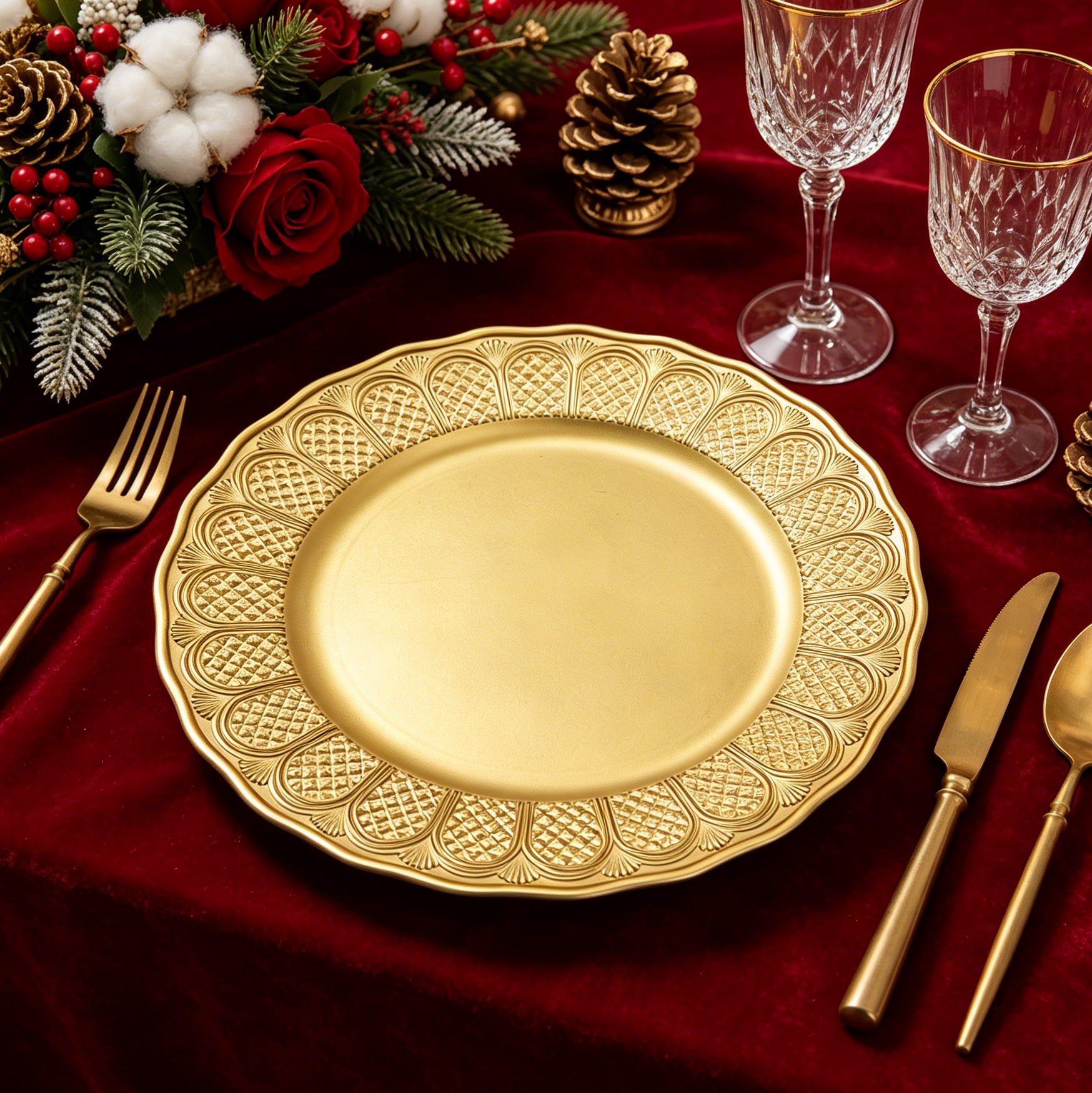 custom gold openwork rim charger plates for luxury wedding planner and high end party supplies-2
