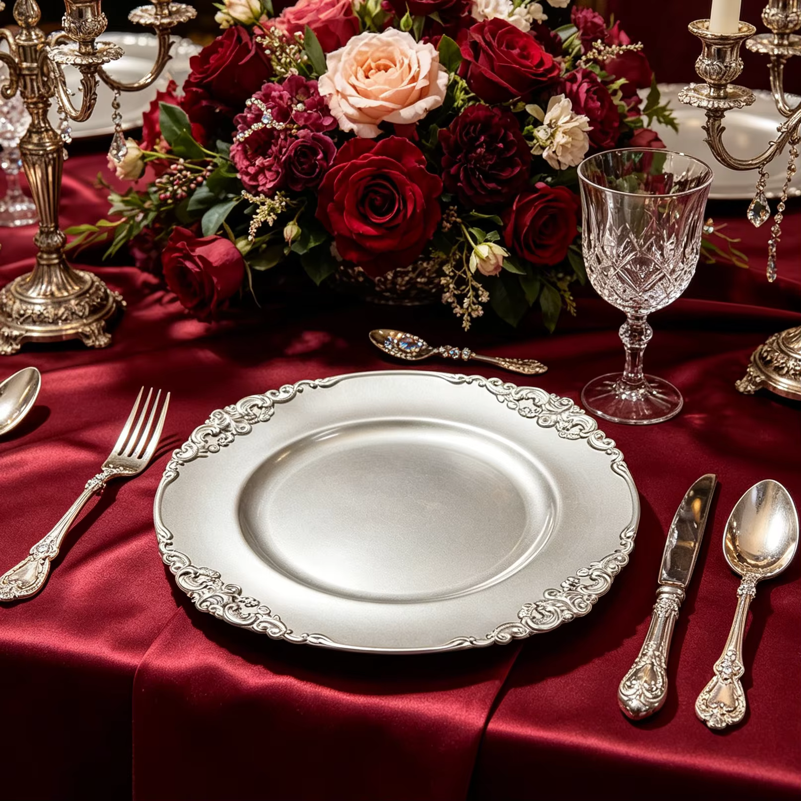 ornate baroque gold charger plates with embossed scroll rim for luxury wedding banquet table setting-4