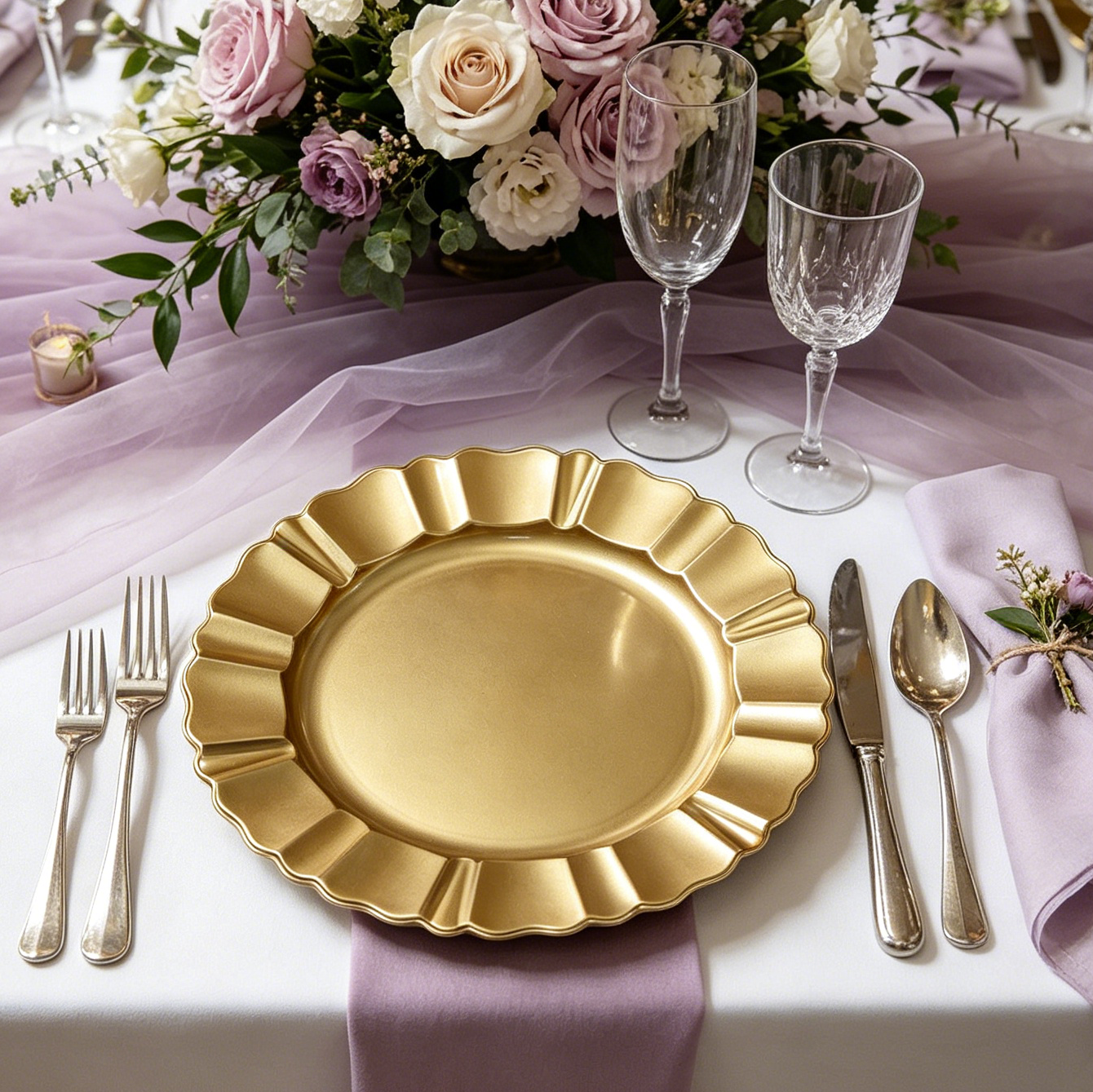 woju 13inch glossy metallic gold pp plastic charger plates round decorative underplates with scalloped ruffled rim for wedding banquet hotel table setting-1