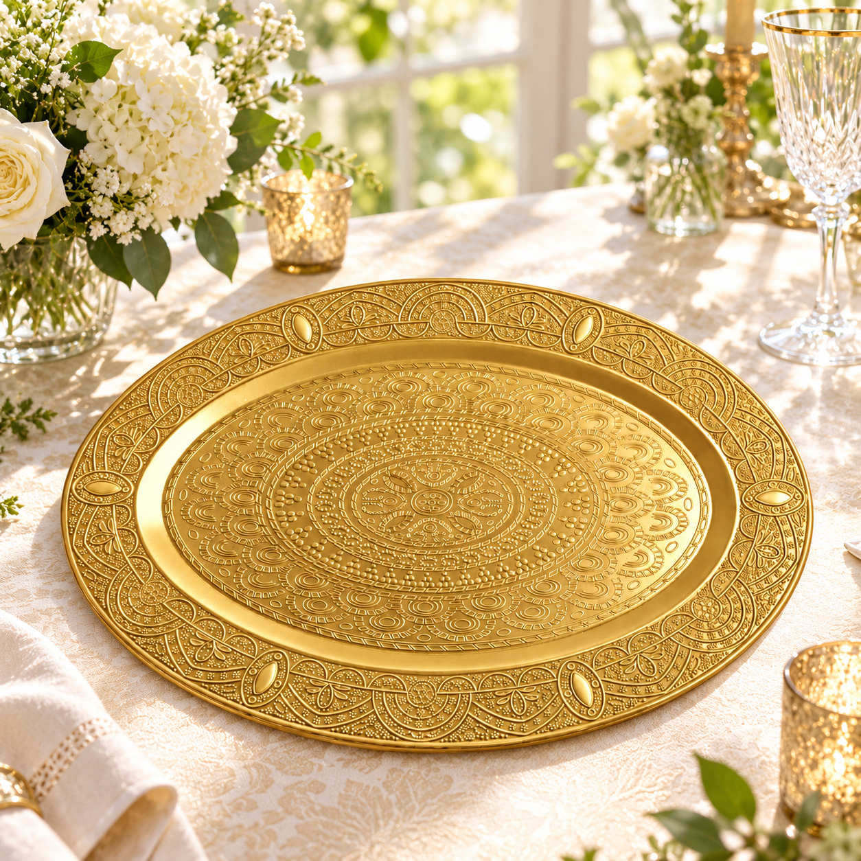 wojia luxury silver charger plate powder coated embossed mandala oval design for wedding banquet hotel tabletop decor-2