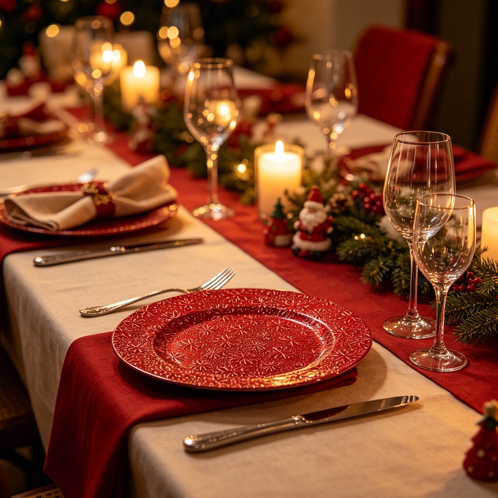 woju red pp plastic charger plates embossed 3d snowflake pattern decorative underplates for christmas holiday wedding  hotel banquet table setting-4