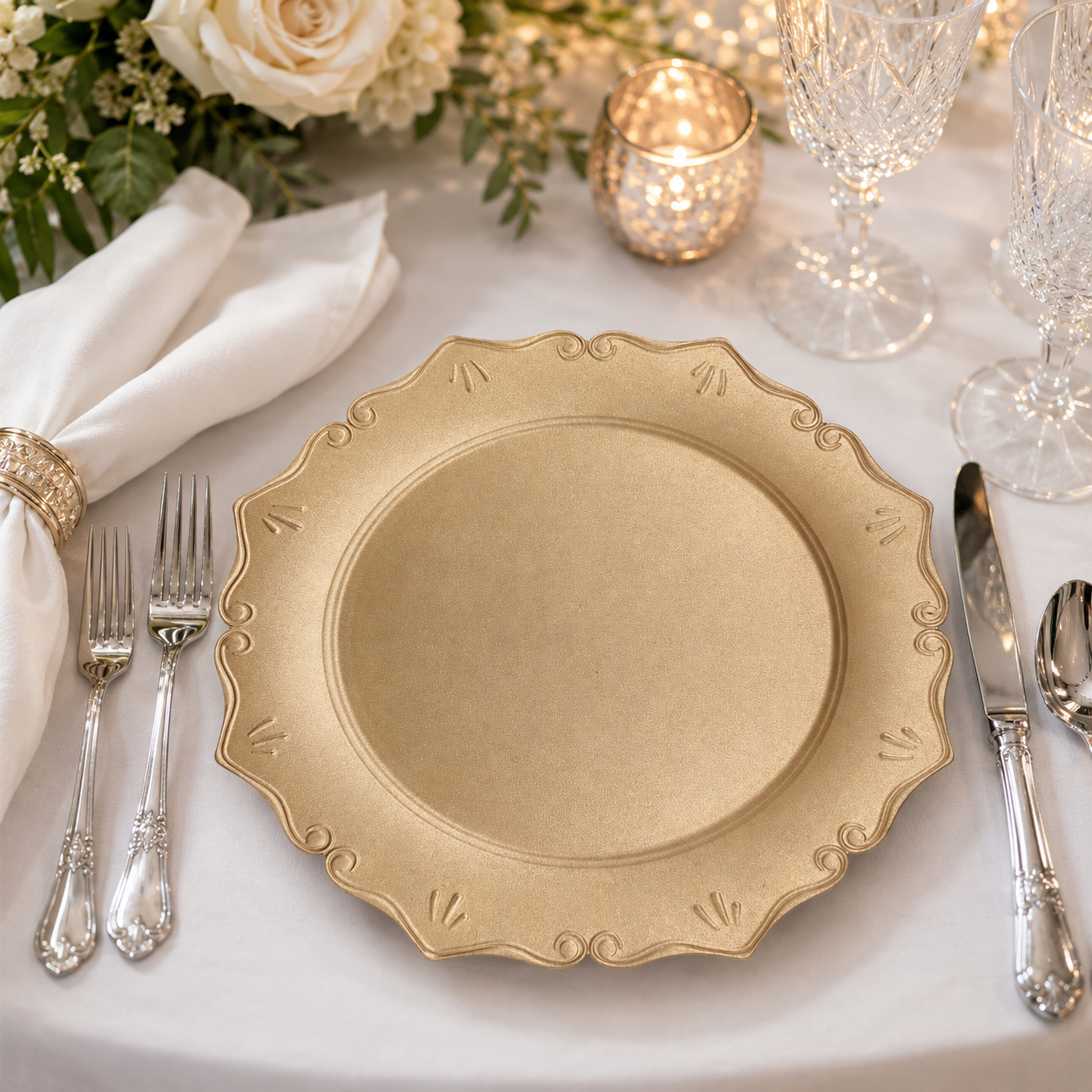 bulk 50pcs durable elegant gold matte 13 inch pp charger plate reusable for wedding hotels banquet table decor-4