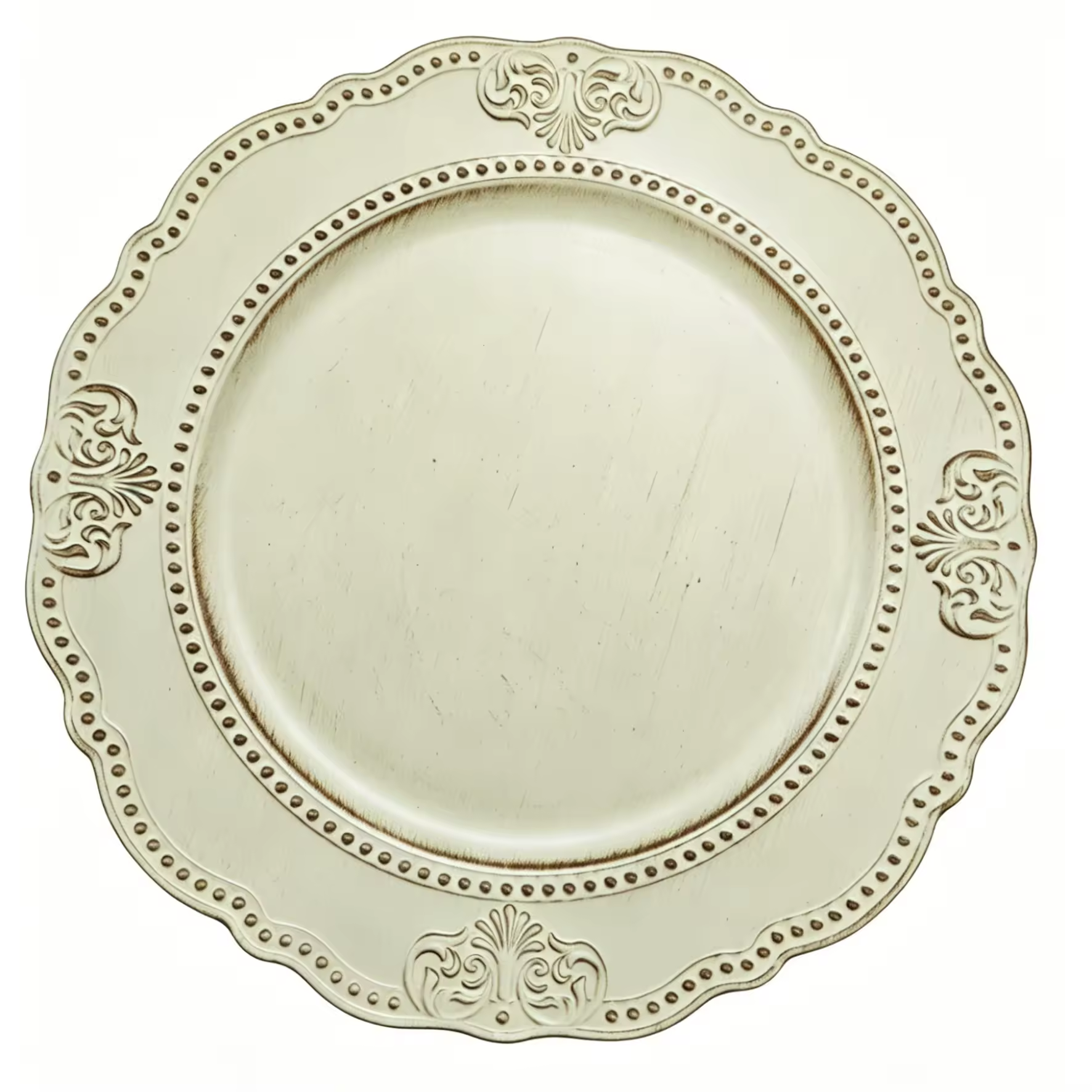 Factory Direct Eco-Friendly Elegant Gold PP Plastic Charger Plate Embossed Floral Beaded Rim Decorative Dinnerware Wedding