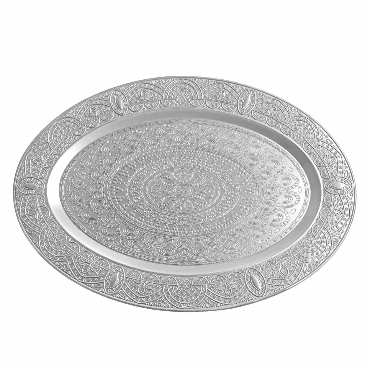 Wojia Luxury Silver Charger Plate Powder Coated Embossed Mandala Oval Design for Wedding Banquet Hotel Tabletop Decor