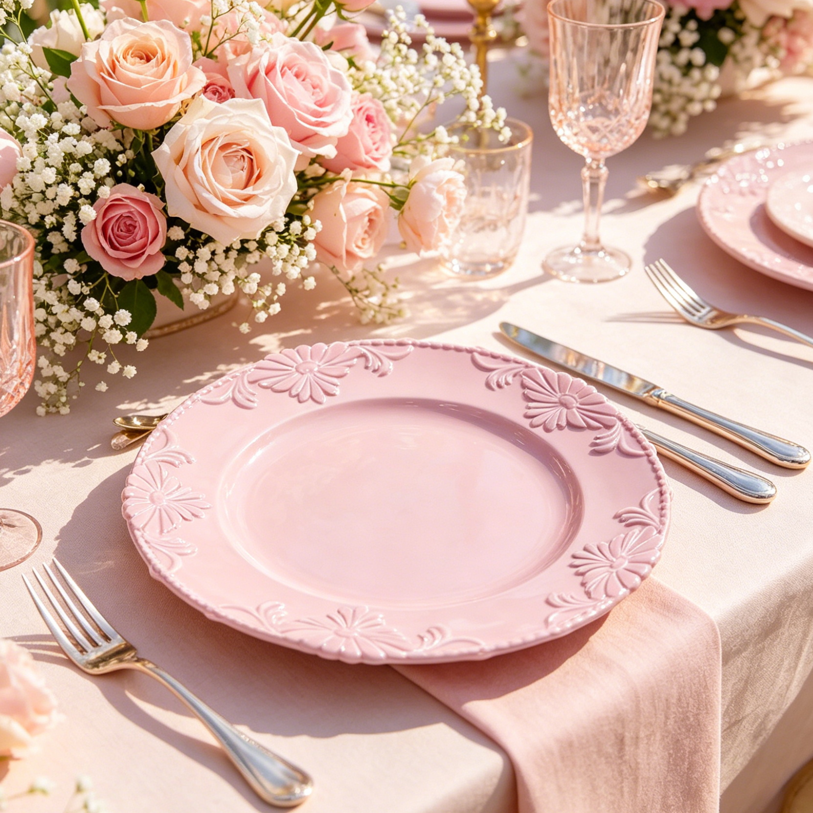 woju 13inch matte metallic gold pp plastic charger plates round decorative underplates with vintage embossed floral scroll rim for wedding banquet hotel table setting-4