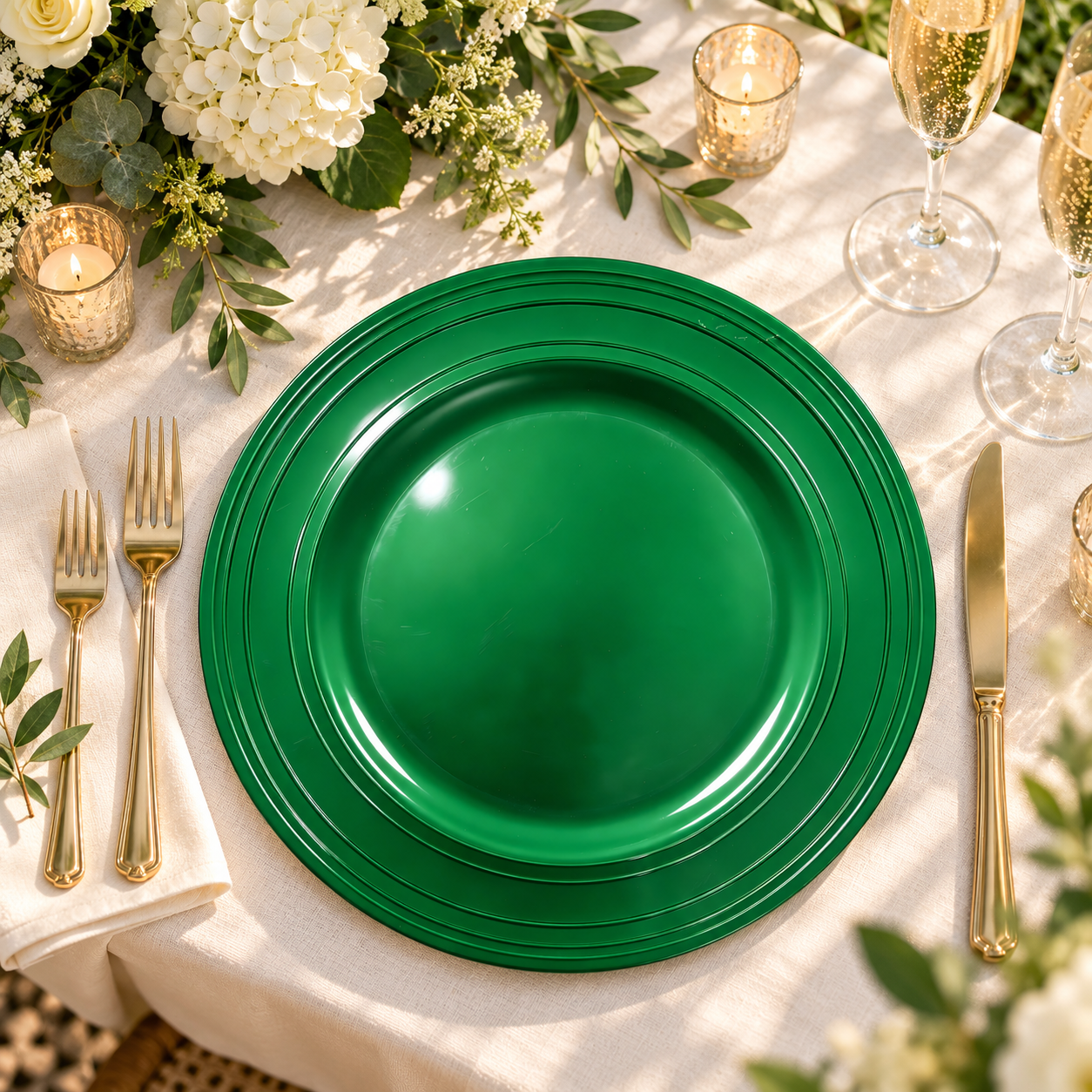woju 13inch metallic gold pp plastic charger plates glossy round decorative underplates with multilayer concentric grooved rim for wedding banquet hotel table setting-4
