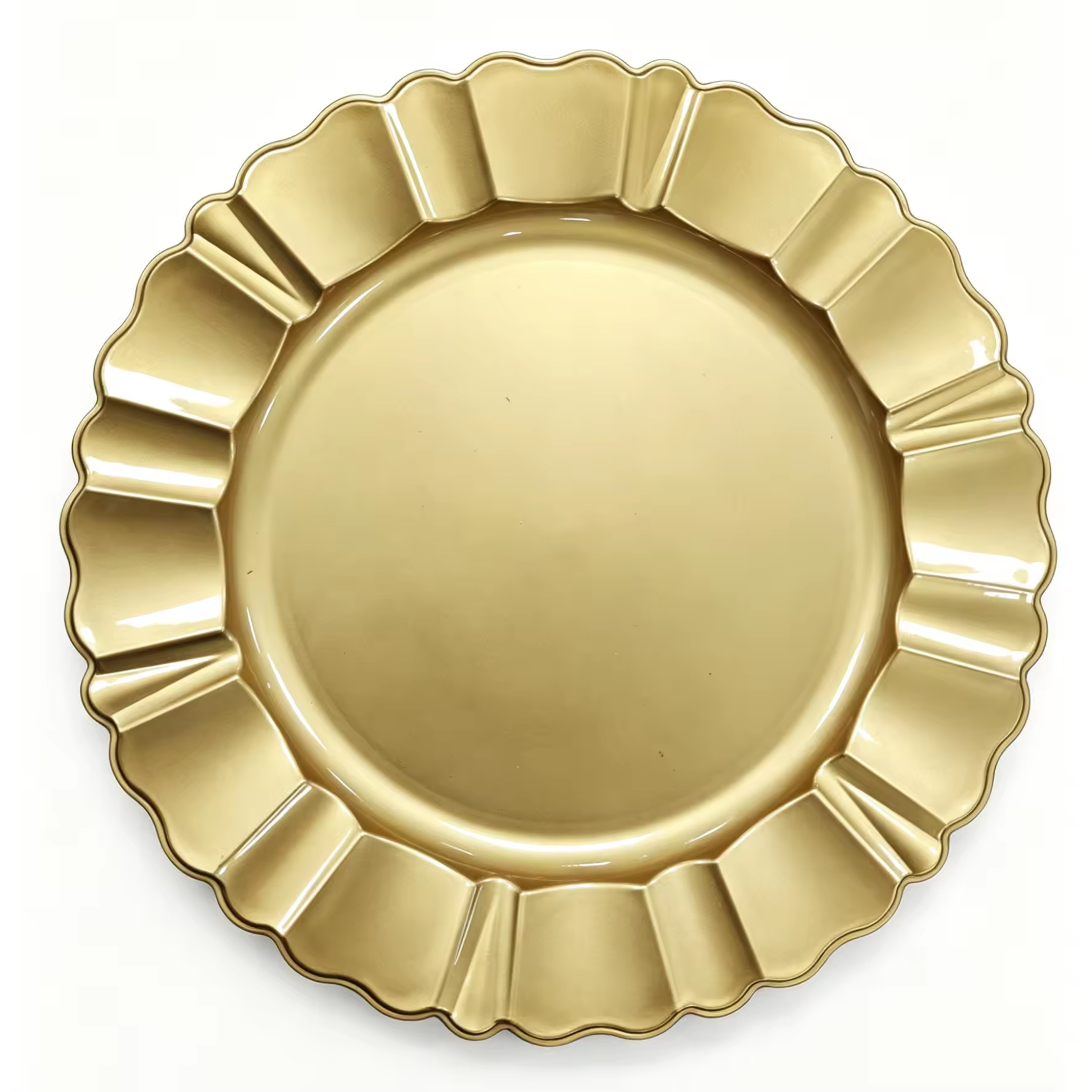 Woju 13‑Inch Glossy Metallic Gold PP Plastic Charger Plates, Round Decorative Underplates with Scalloped Ruffled Rim for Wedding Banquet Hotel Table Setting