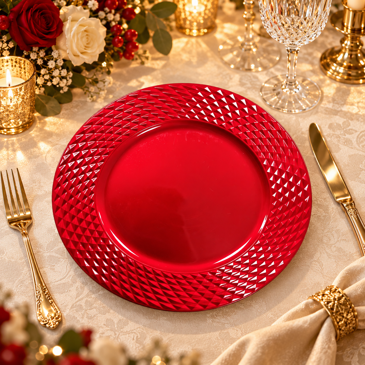 wojia 13in red electroplated diamond texture charger plate modern luxury plastic underplate christmas party event table decor-1