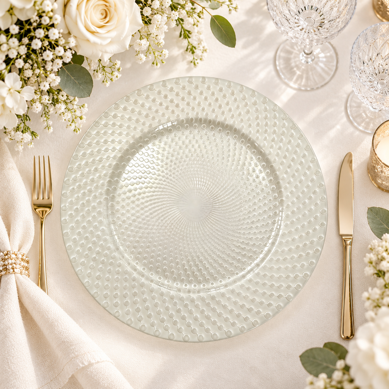modern 13in plastic charger plate powder coated radiating bead texture luxury green design for party banquet event-3
