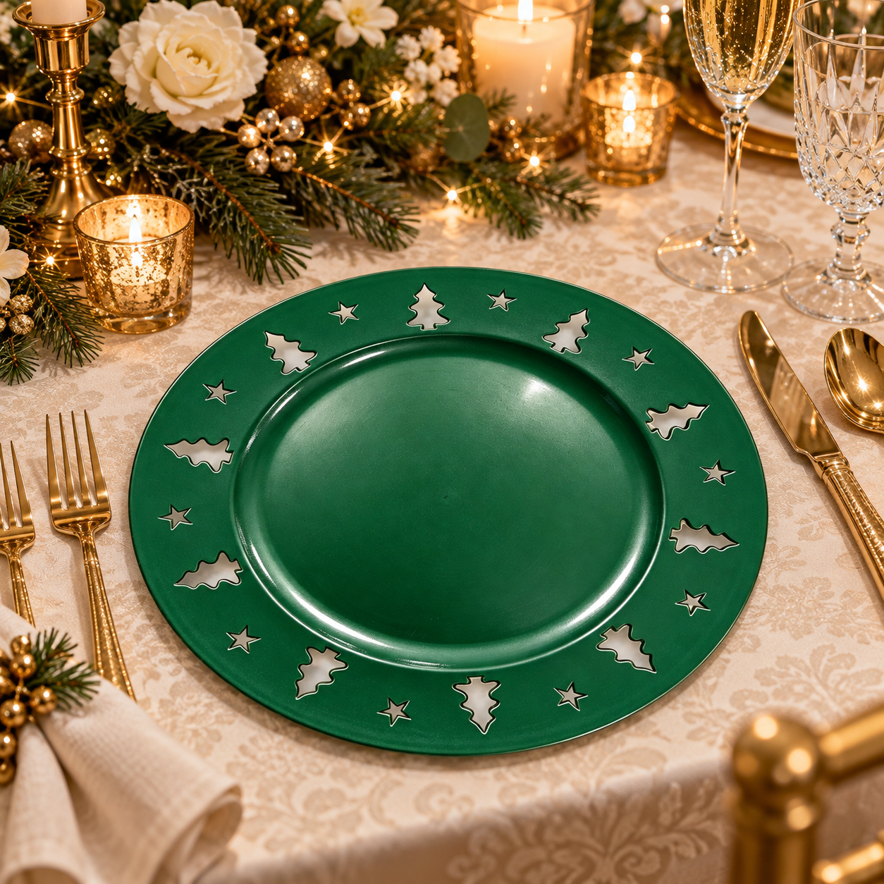 woju 13inch round glossy gold charger plates cutout christmastreestar rim pp plastic decor underplates for catering banquet christmas event rental-4