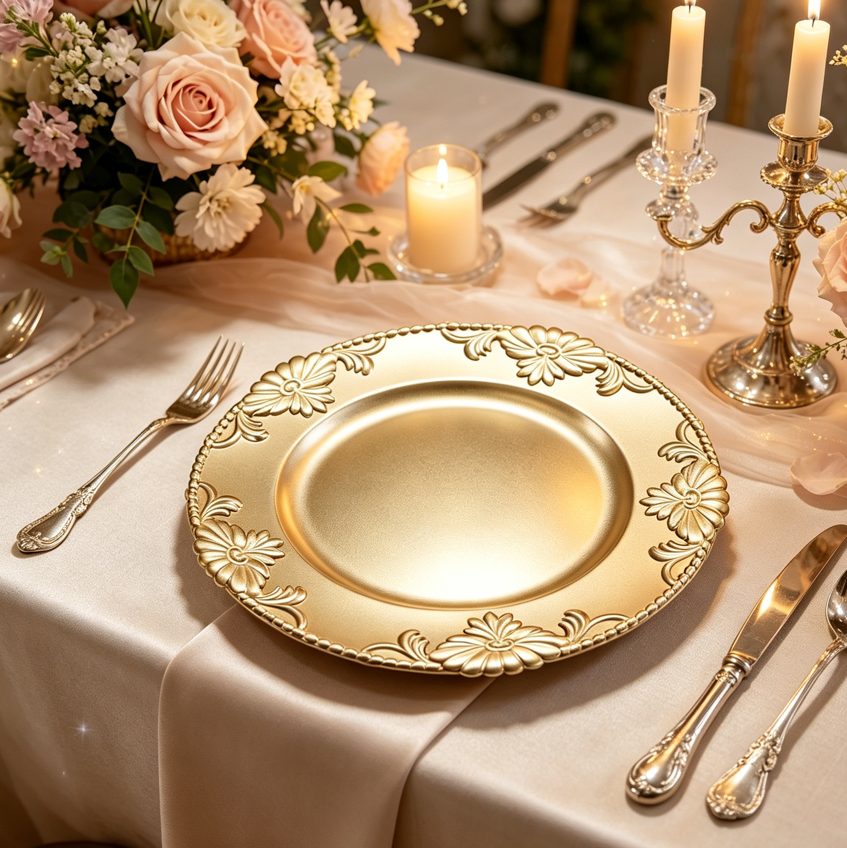woju 13inch matte metallic gold pp plastic charger plates round decorative underplates with vintage embossed floral scroll rim for wedding banquet hotel table setting-1