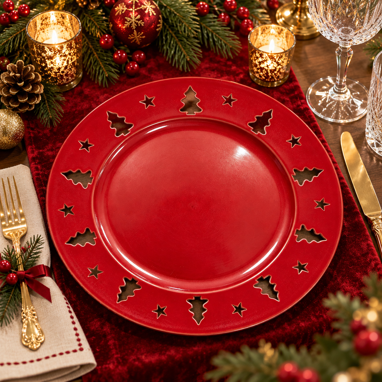 woju 13inch round glossy gold charger plates cutout christmastreestar rim pp plastic decor underplates for catering banquet christmas event rental-3