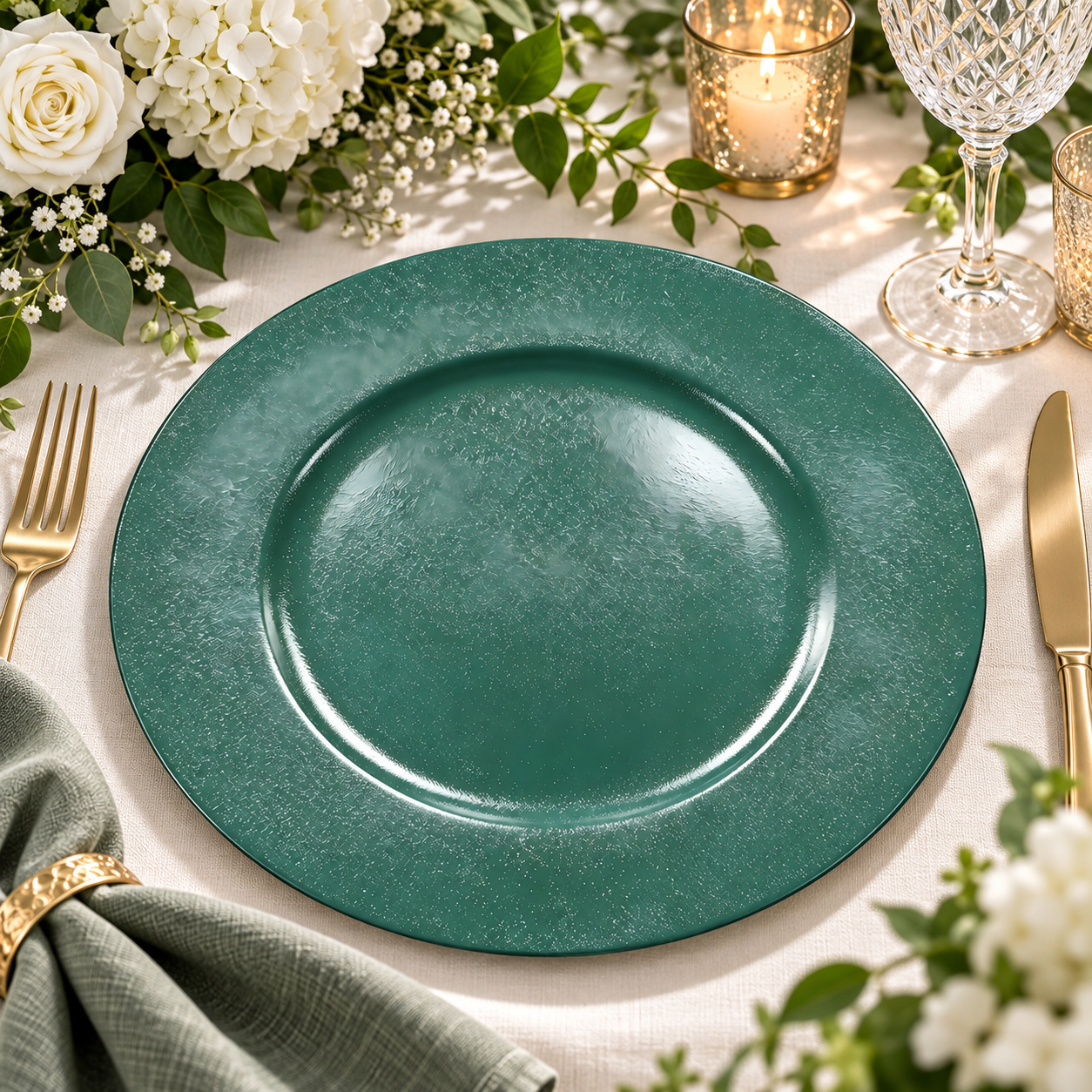 wojia 13in modern teal charger plates powder coated textured finish luxury plastic decorative plates for wedding event tabletop-4