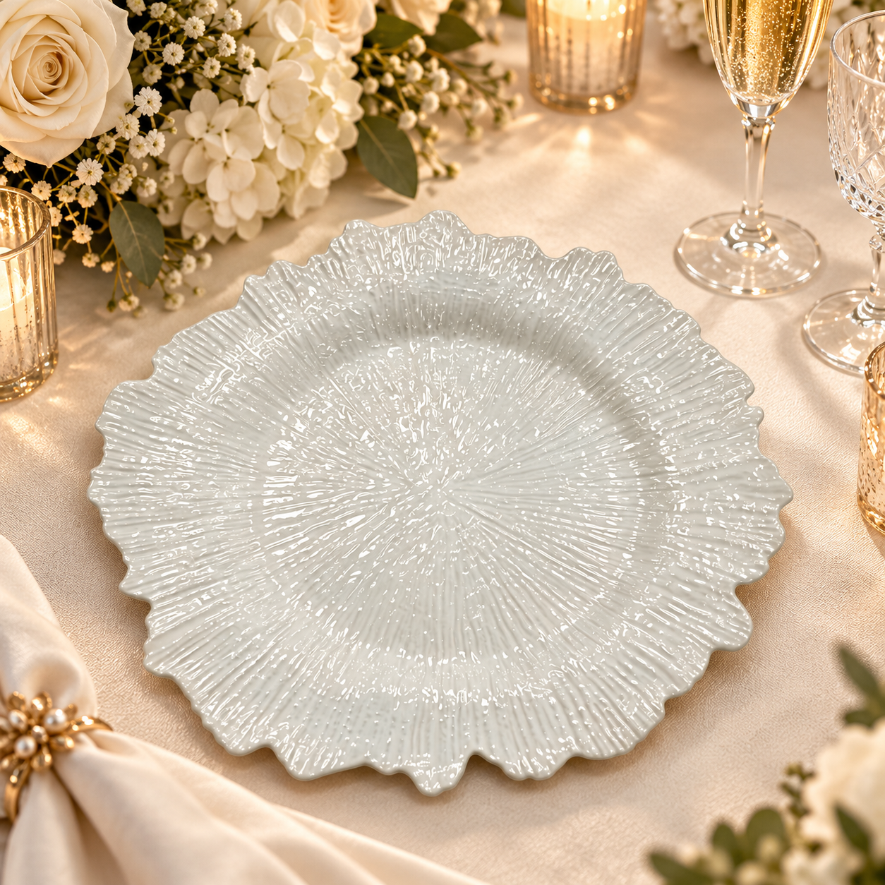 woju 13 inch light blue plastic charger plates powdercoated coralstyle radiant ripple textured decorative plates with irregular wavy edge for wedding banquet hotel table setting-2