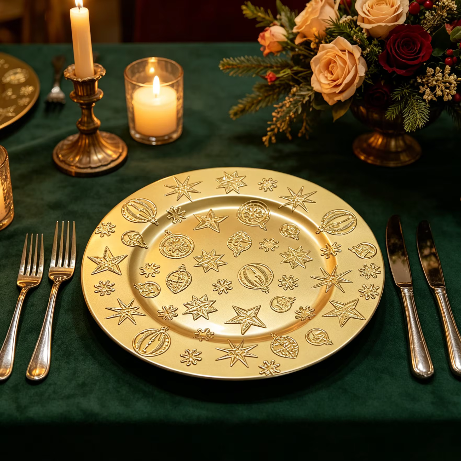 2026 new arrival gold christmas charger plates with embossed ornament star and snowflake pattern-4