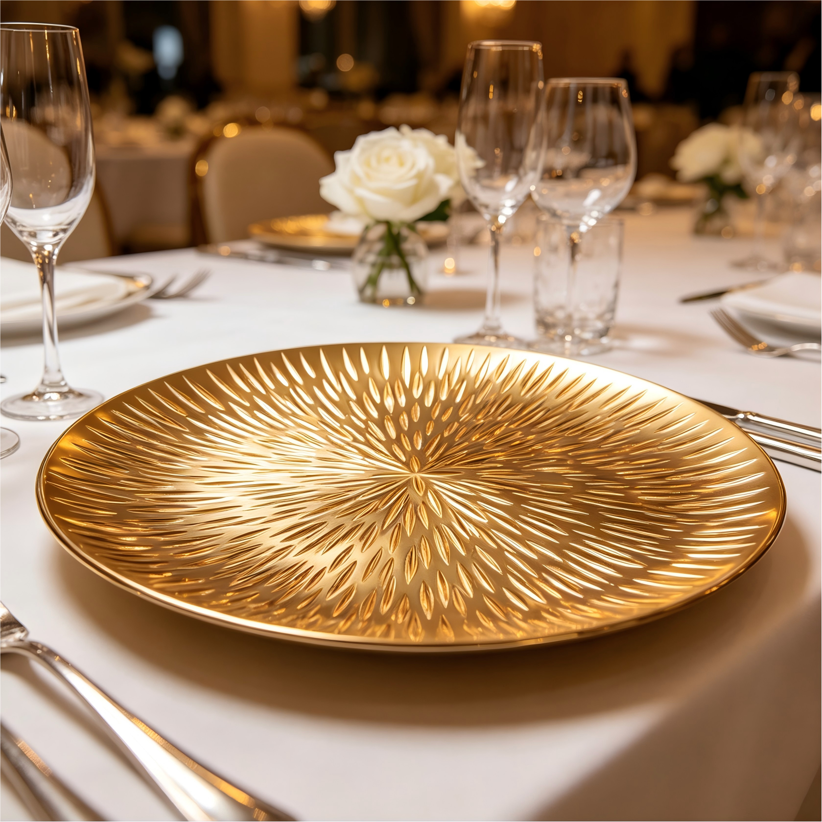 woju 13 inch red plastic charger plates powdercoated sunburst radial spike textured decorative charger plates for wedding banquet holiday event table setting-3