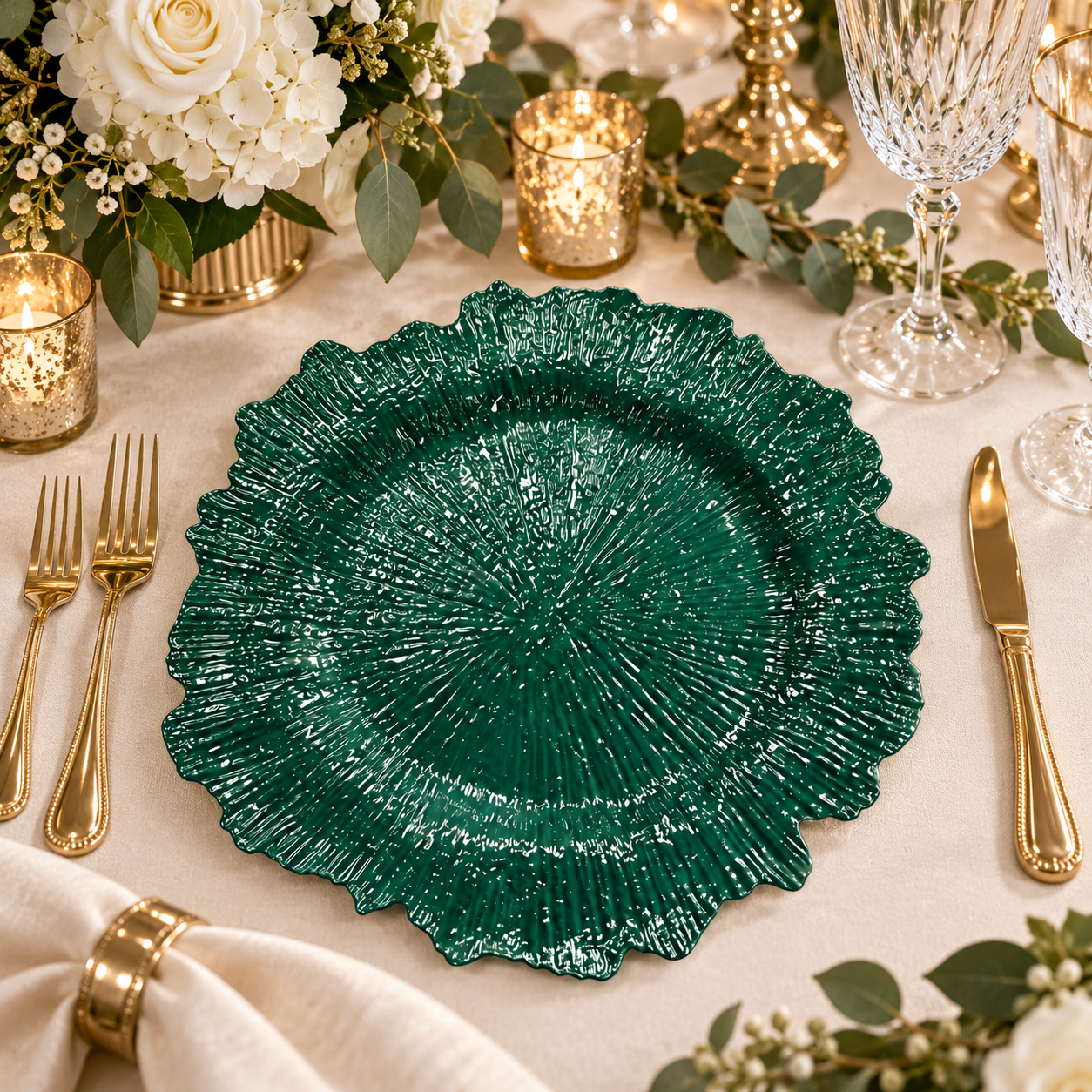 woju coastal 13in multicolor charger plate powdercoated plastic decorative plate with textured scalloped rim for hotel wedding table decor-4