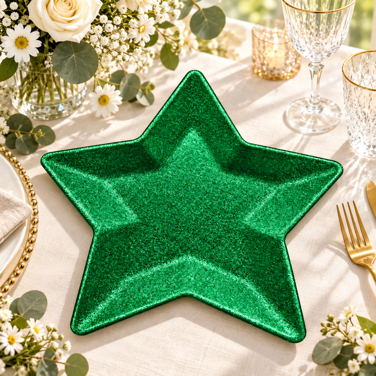 wojia 13in modern silver star charger plate powder coated glitter textured design for holiday party event table decoration-4