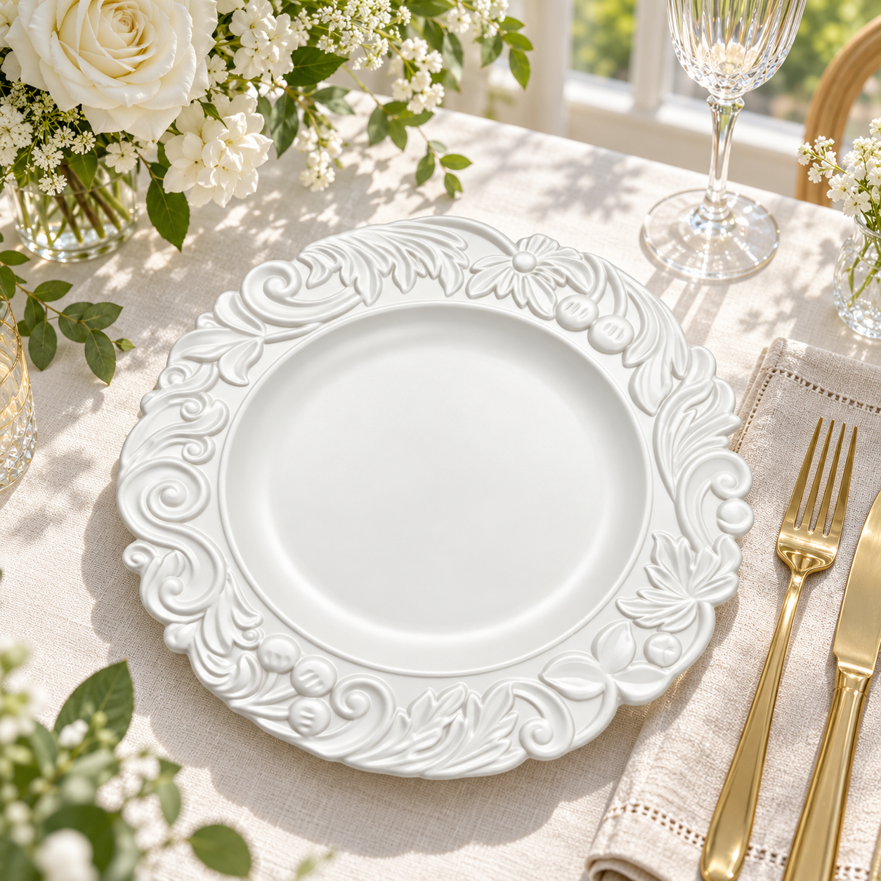 woju 13inch gold pp charger plates reusable baroque floral scroll embossed rim decorative plates for wedding hotel  banquet table setting-2