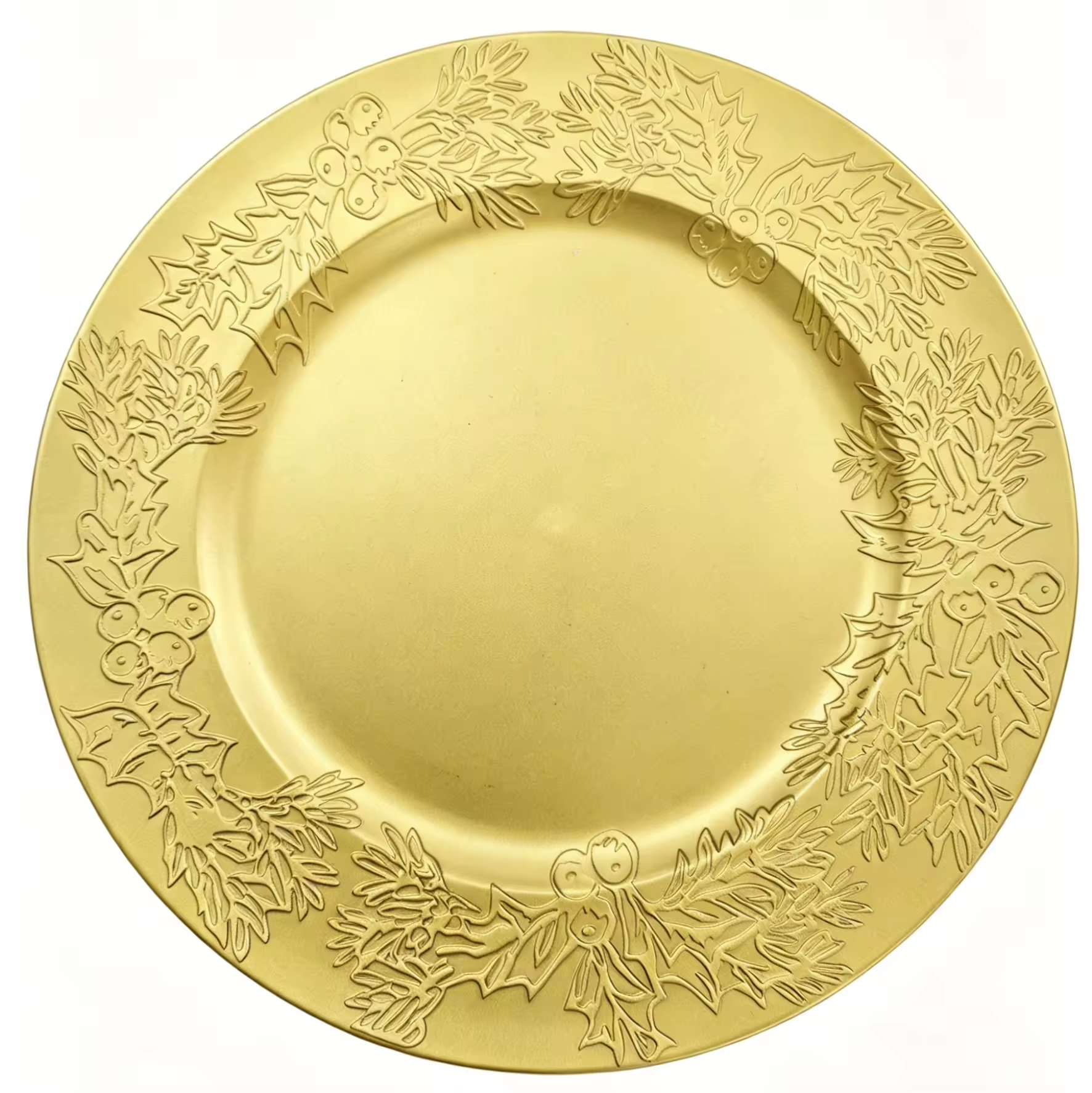 Customizable Durable 13-Inch Gold PP Holly and Pine Charger Plates for Corporate Christmas Parties Year End Events