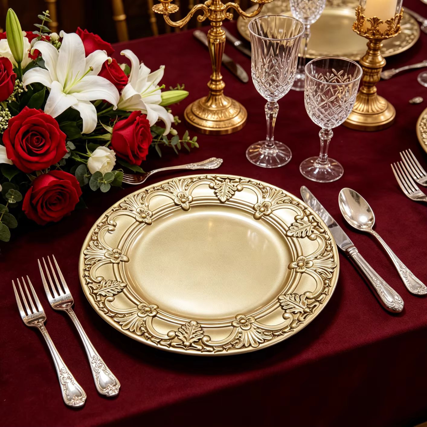elegant gold eco friendly american style christmas charger plates pp plastic embossed floral rim holiday party home table decor343-1