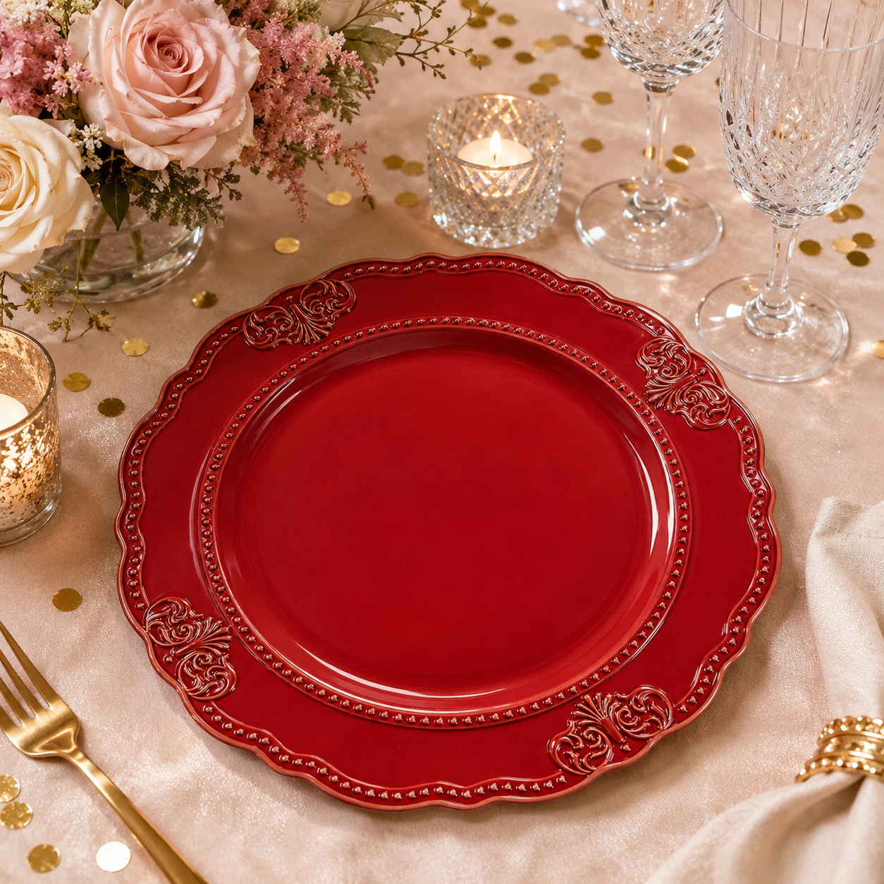 woju 13inch glossy dark green pp plastic charger plates scalloped shape decorative underplates with beaded rim  vintage scroll embossment for wedding banquet hotel table setting-2