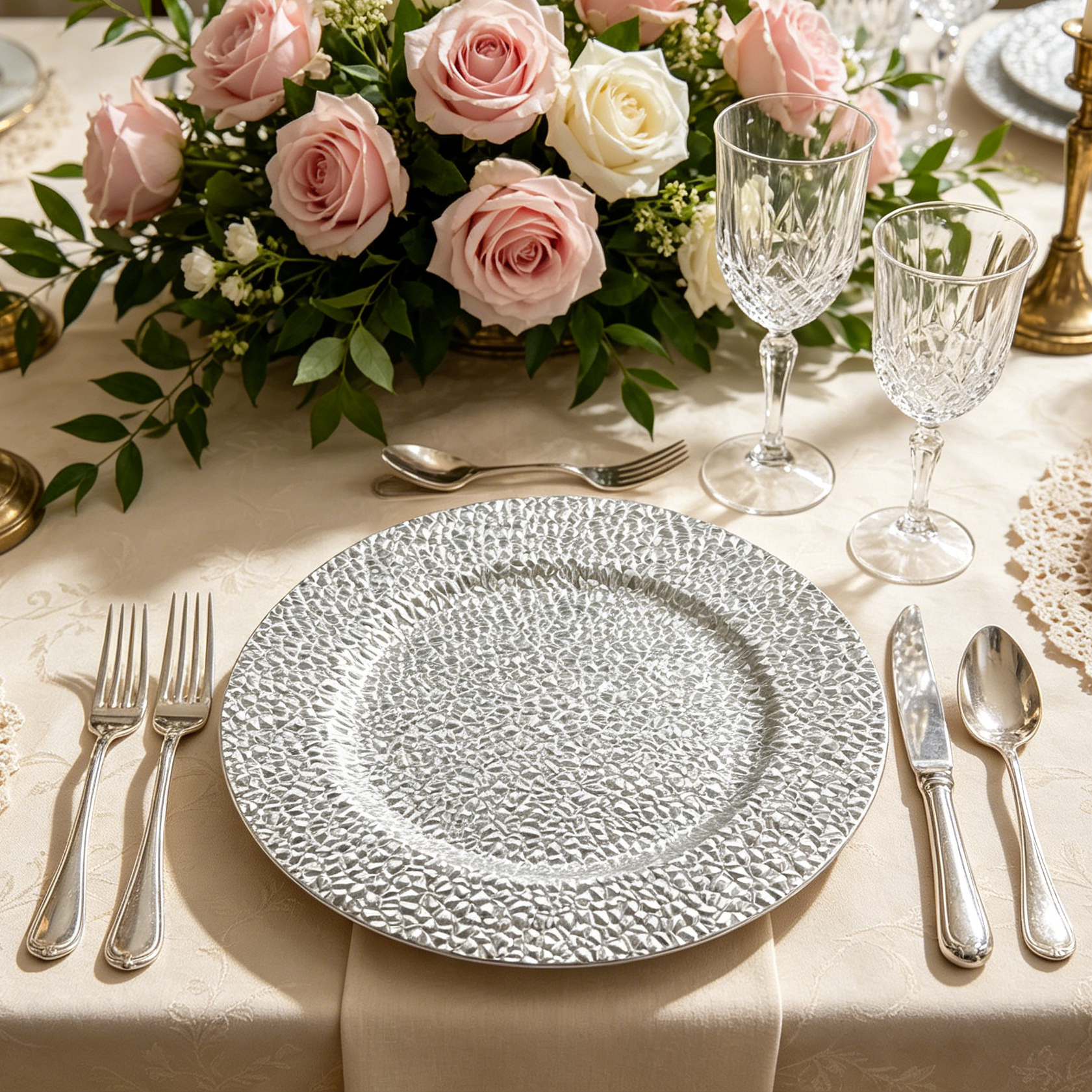 wojia 13 inch hammered pebble textured gold charger plates powdercoated plastic decorative service plates for wedding banquet event catering table decor-3