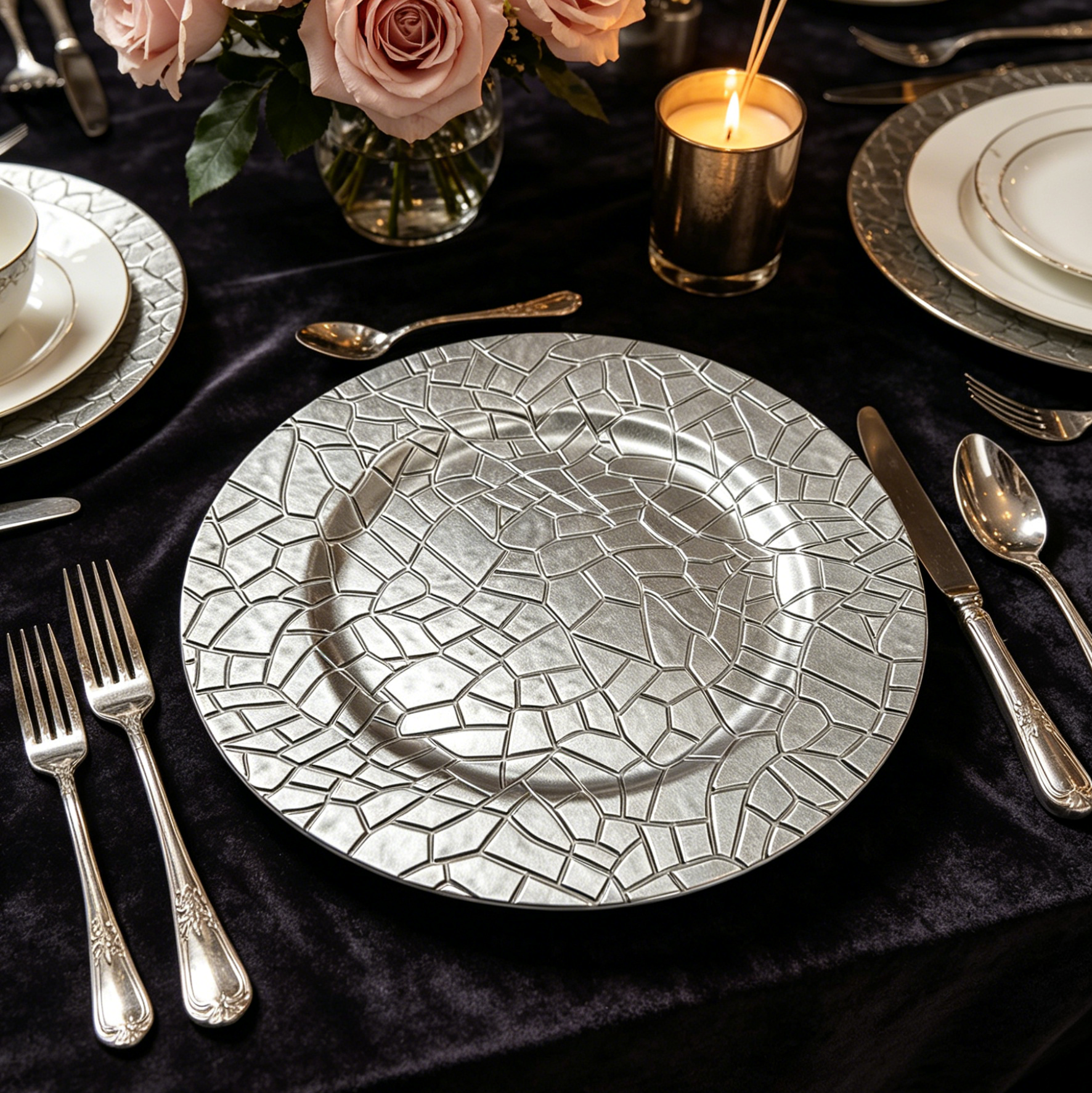 wholesale plastic metallic silver crackle eco friendly charger plates bulk for luxury hotel fine dining modern party supplies877-1