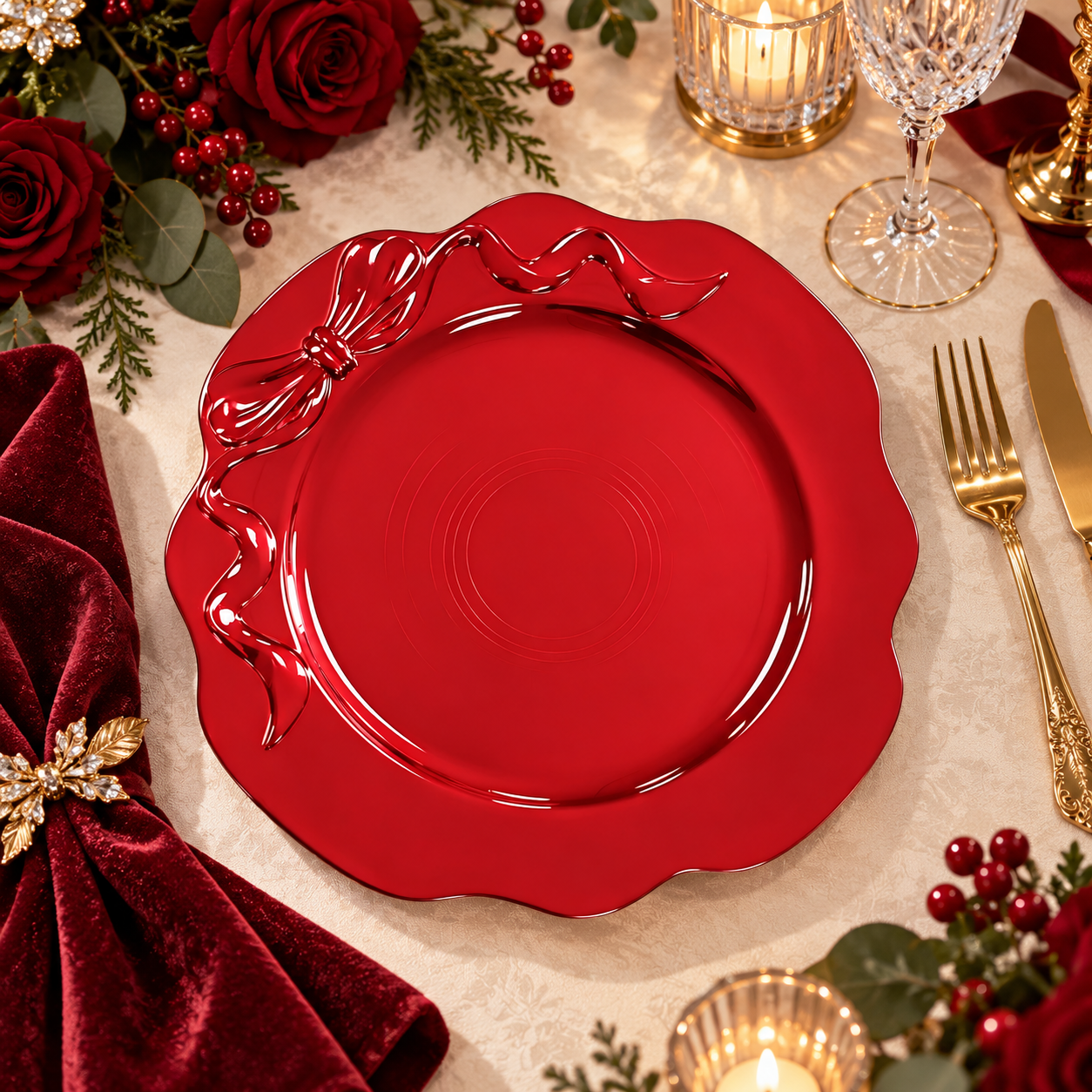 wojia 13in red electroplated bow charger plate luxury romantic scalloped plastic underplate christmas party table setting decor-3