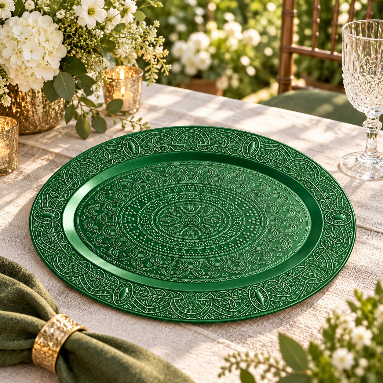wojia luxury silver charger plate powder coated embossed mandala oval design for wedding banquet hotel tabletop decor-4