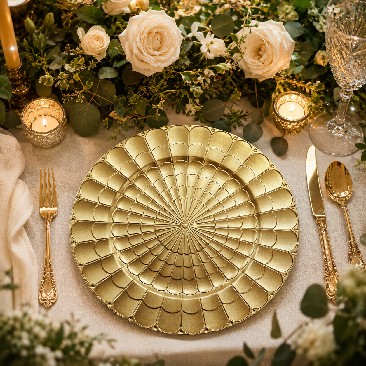 woju 13inch matte metallic gold pp plastic charger plates round decorative underplates with fullsurface radiating fanscale embossed texture for wedding banquet hotel table setting-1