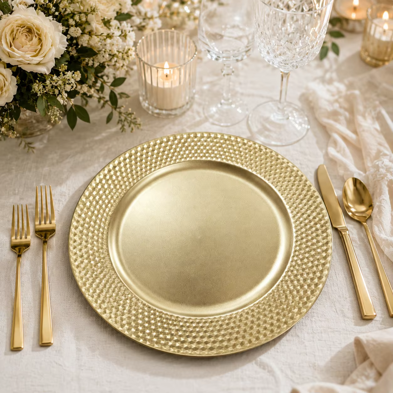wholesale luxury durable metal polished round charger plates for weddings hotels fujian home decor customized stocked dinnerware-1