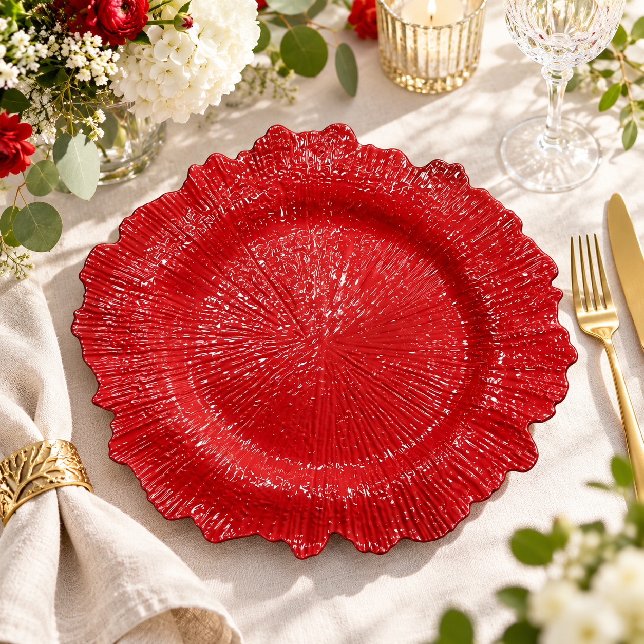 13 inch textured plastic charger plates radiant sunburst embossed scalloped edge decorative under plates for wedding party  holiday table setting-3