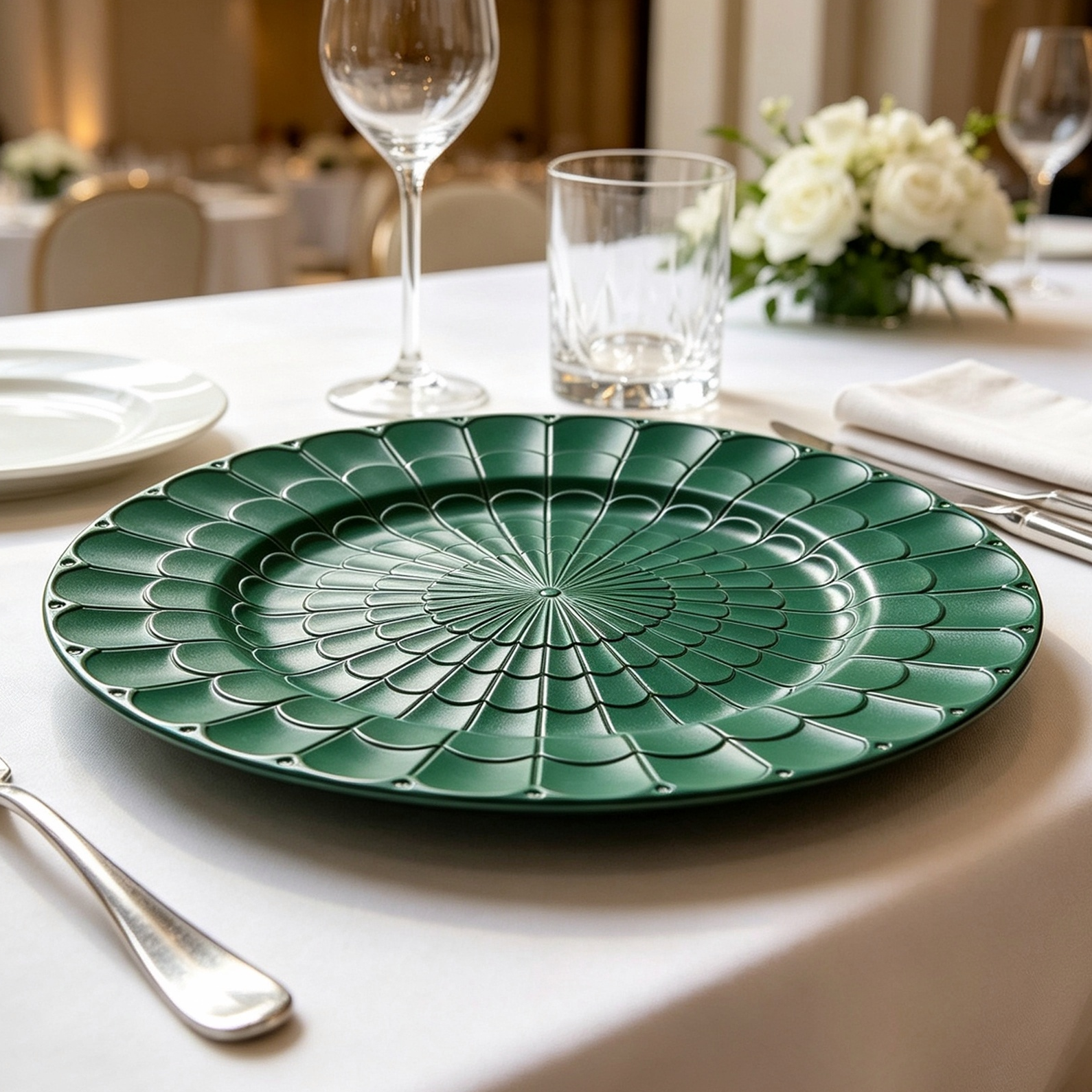 woju 13inch matte metallic gold pp plastic charger plates round decorative underplates with fullsurface radiating fanscale embossed texture for wedding banquet hotel table setting-4