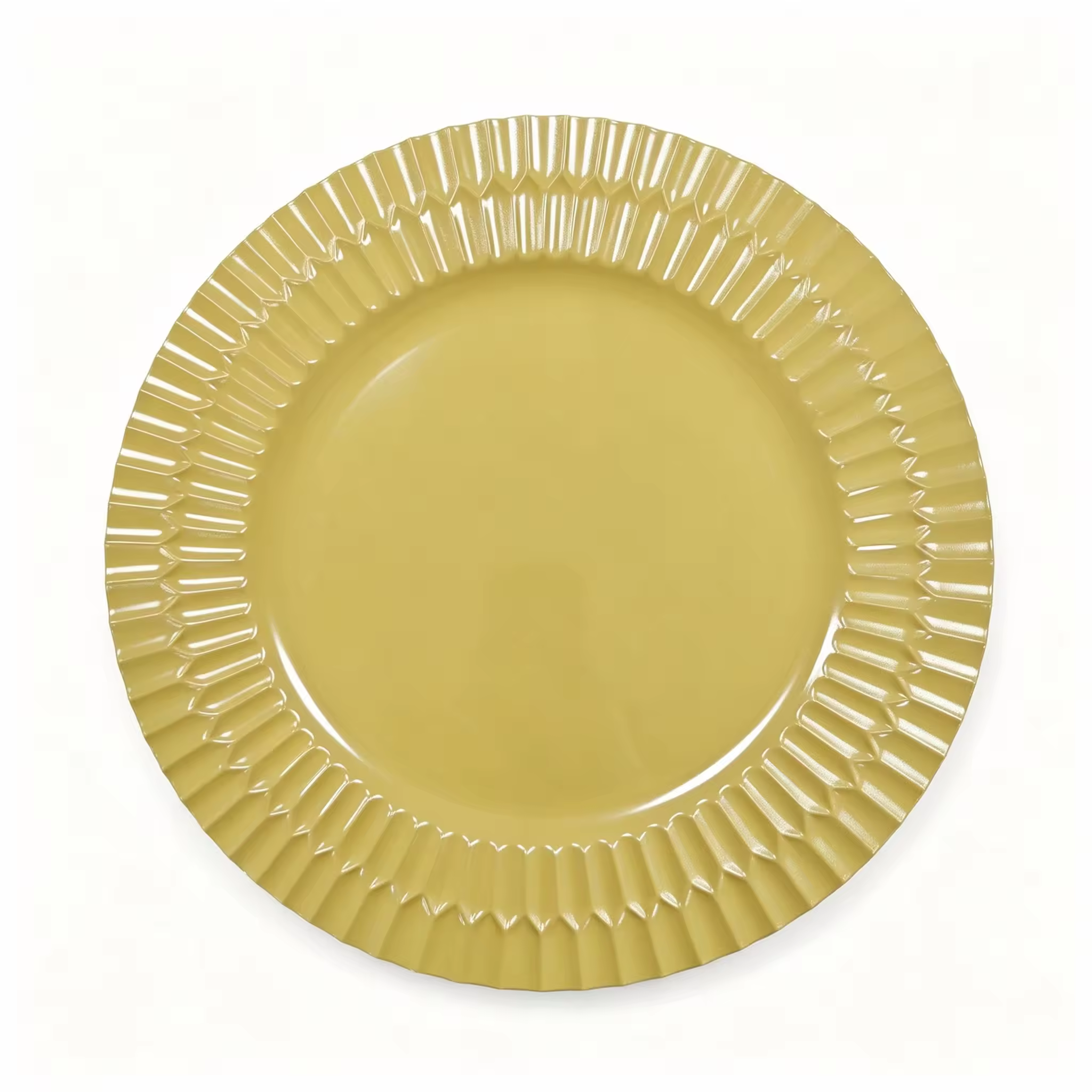 Woju 13‑Inch Glossy Pale Gold PP Plastic Charger Plates, Round Decorative Underplates with Radiating Pleated Rim for Wedding Banquet Hotel Table Setting