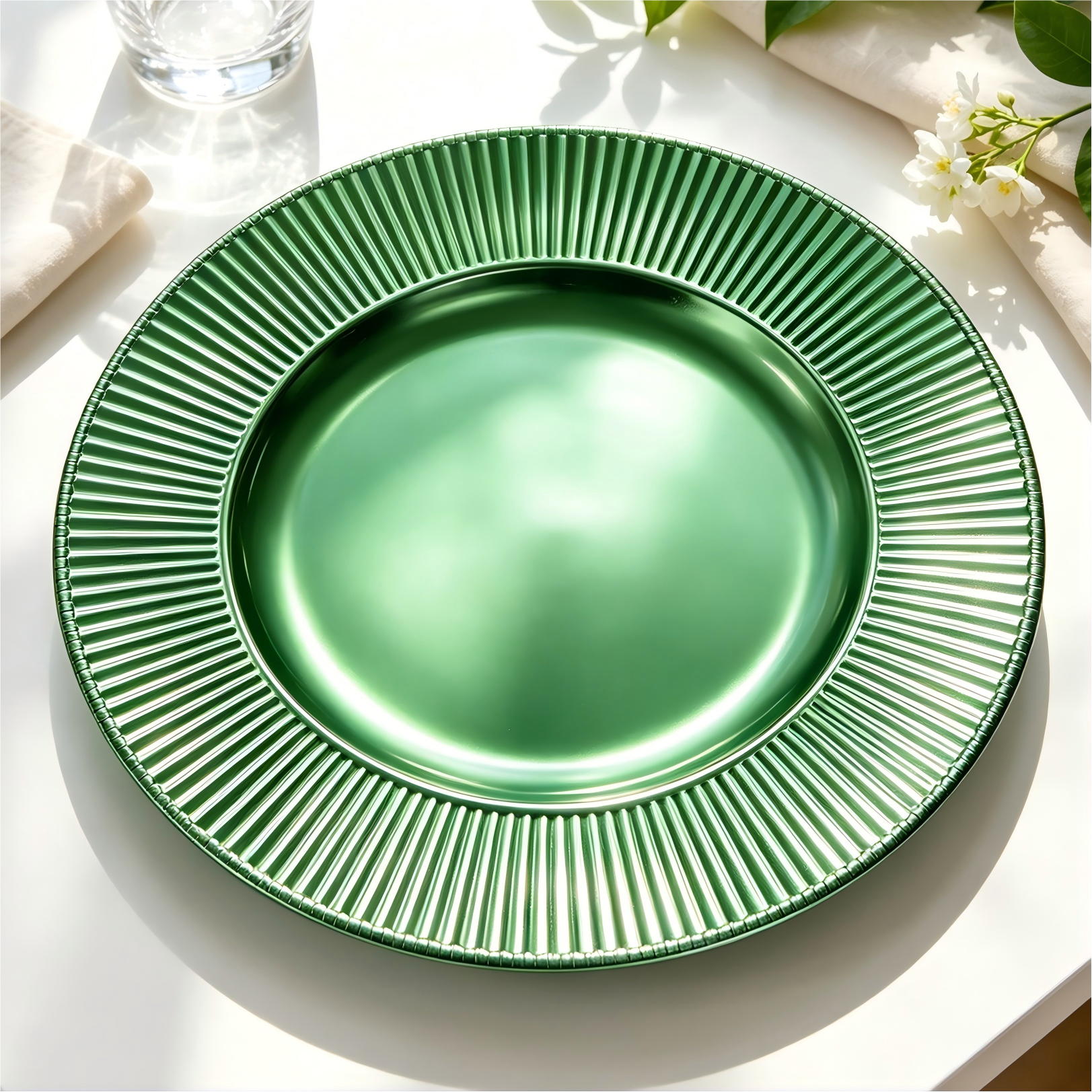 woju metallic green charger plates 13 in powdercoated plastic decorative plates with fluted vertical ribbed rim for catering banquet wedding holiday event rental-4