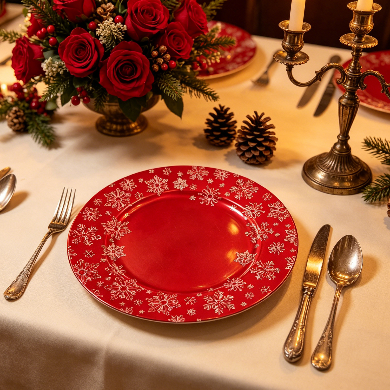 13 inch gold snowflake embossed charger plates for christmas dinner and holiday party table setting-4